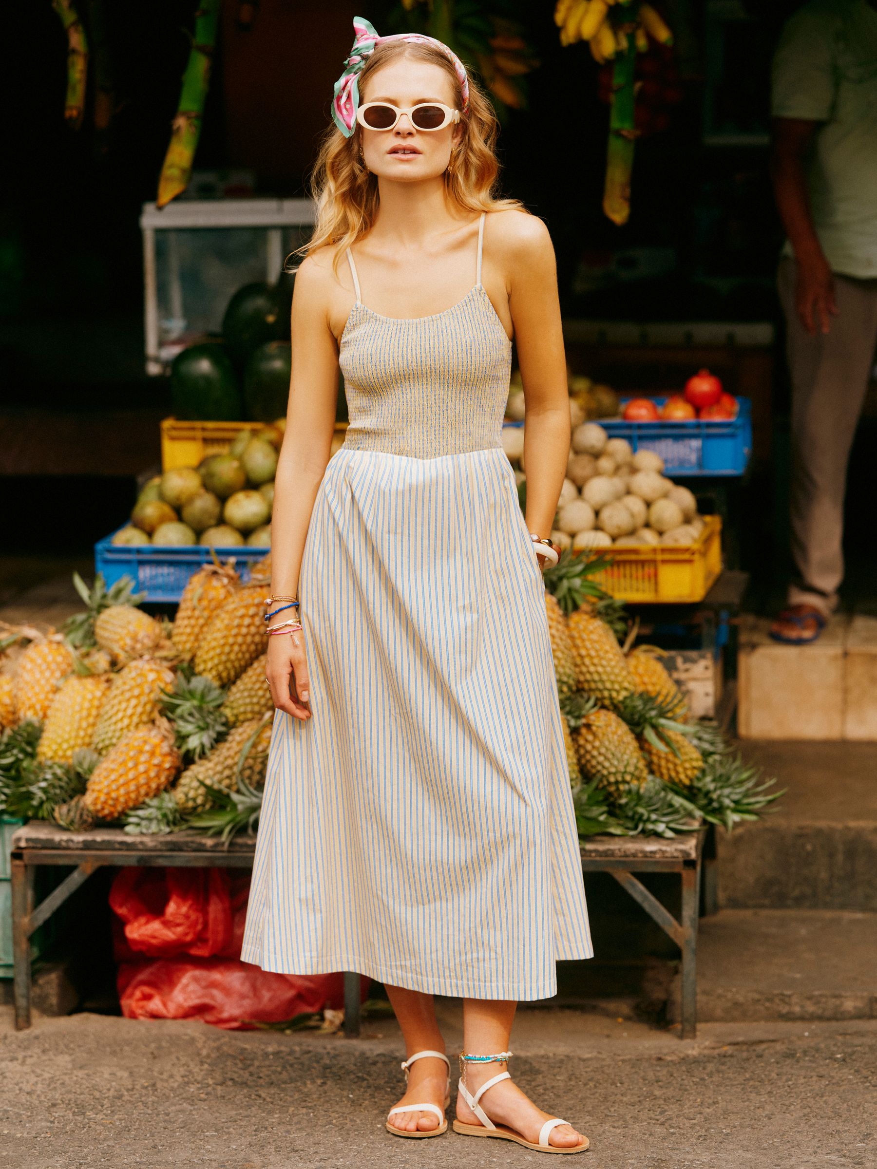 Stephanie Yellow Striped Smocked Midi Summer Dress - Image 1 of 10