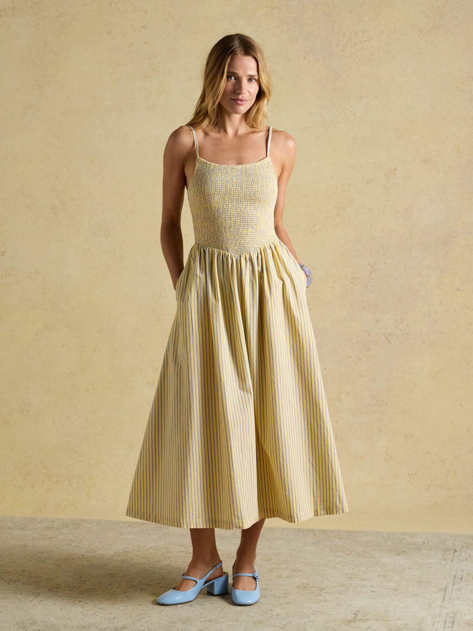 Stephanie Yellow Striped Smocked Midi Summer Dress - Image 3 of 10