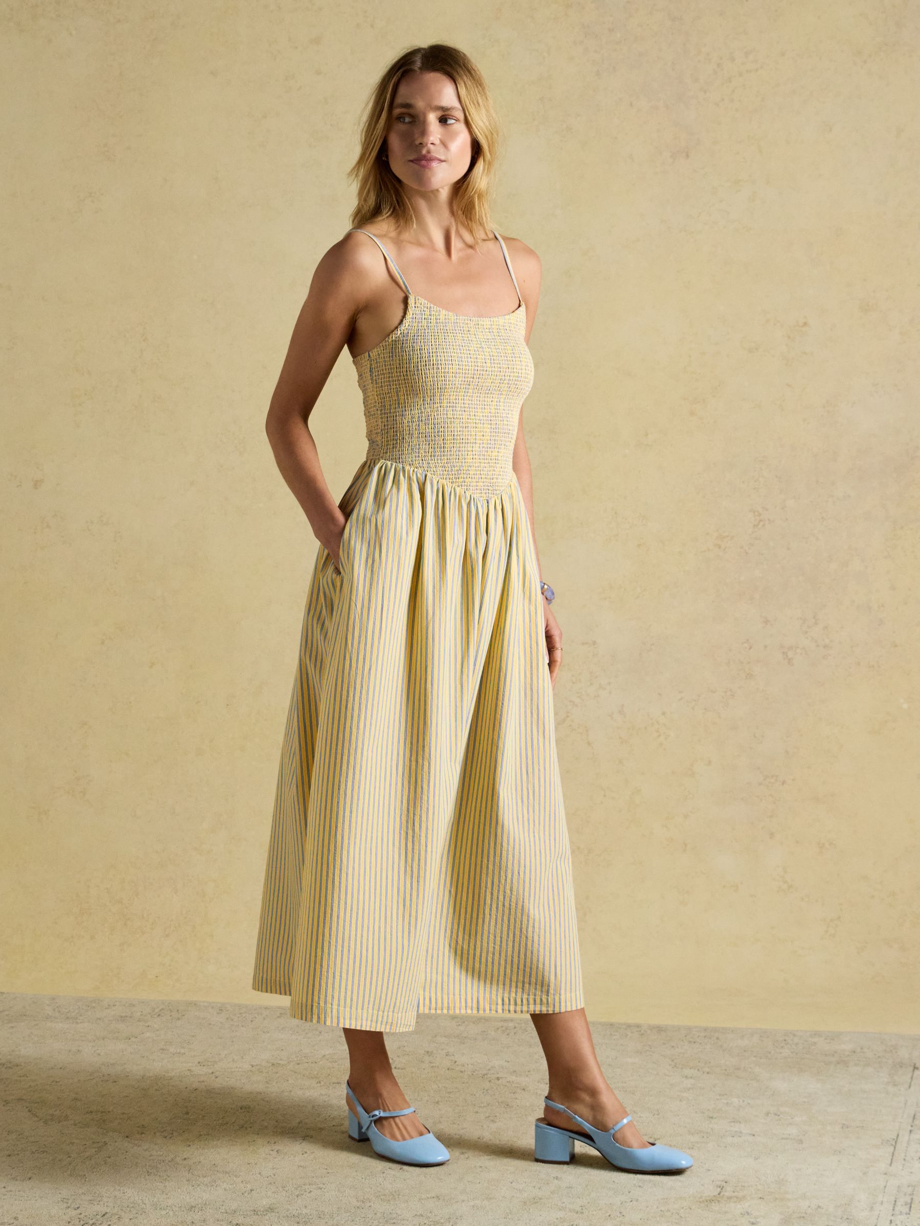 Stephanie Yellow Striped Smocked Midi Summer Dress - Image 7 of 10