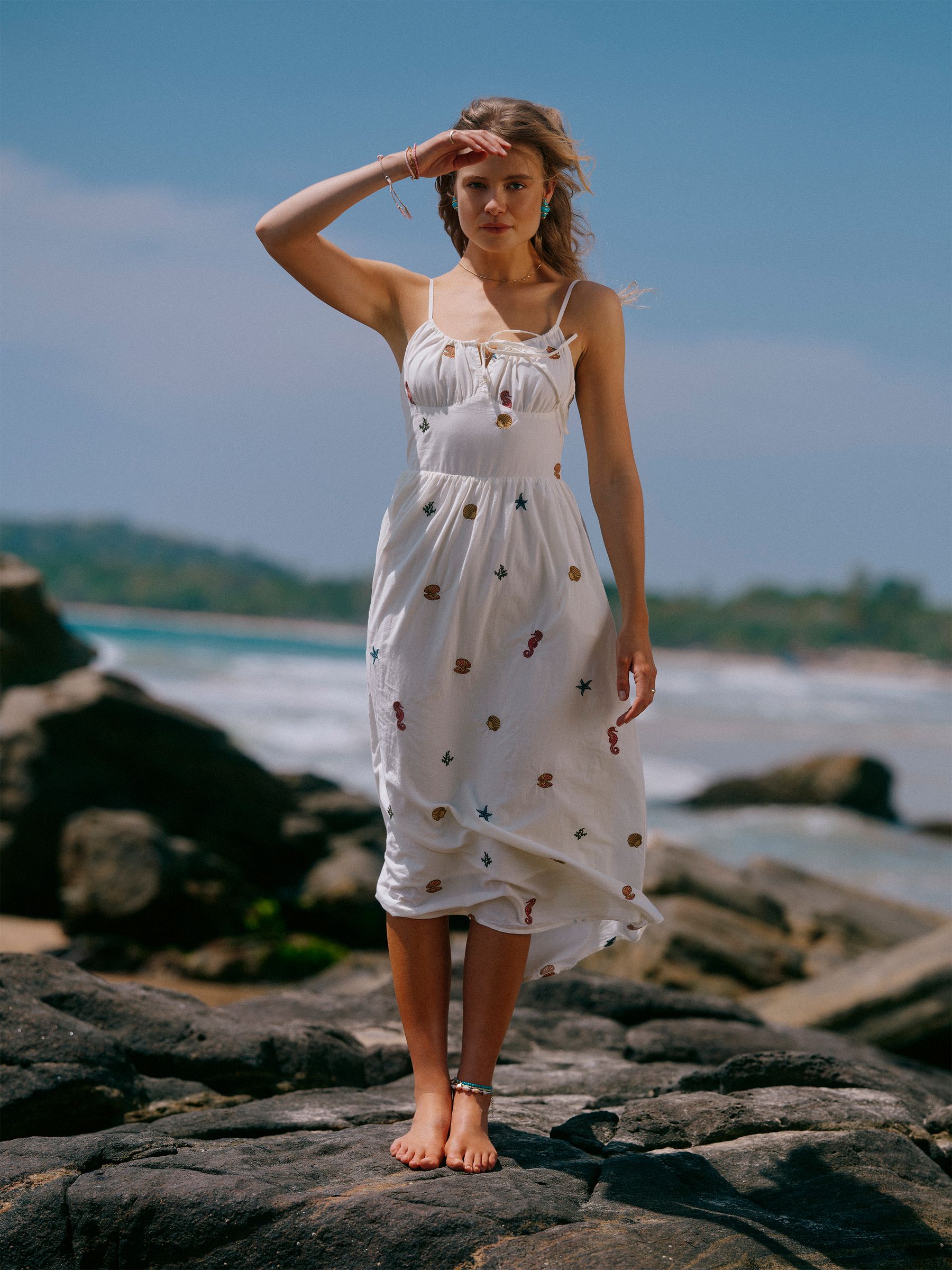 Chloe Cream Sea Embroidered Midi Dress - Image 3 of 11