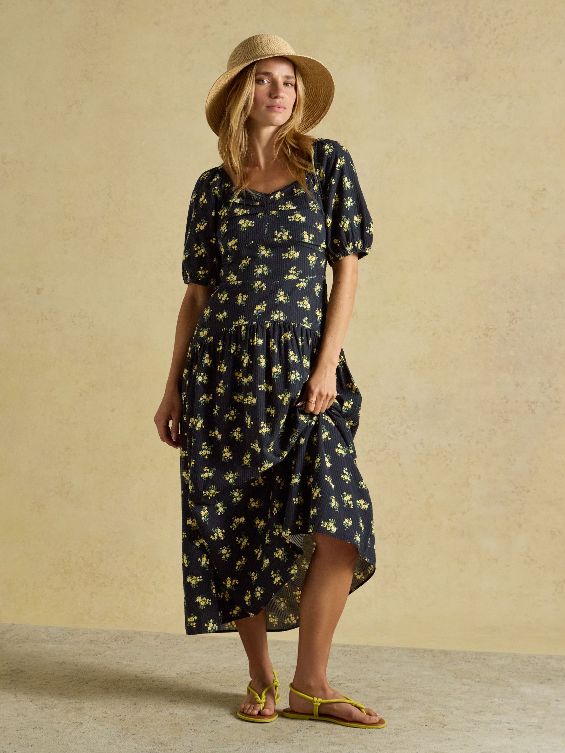 Harper Black & Yellow Ditsy Textured Midi Summer Dress - Image 1 of 6