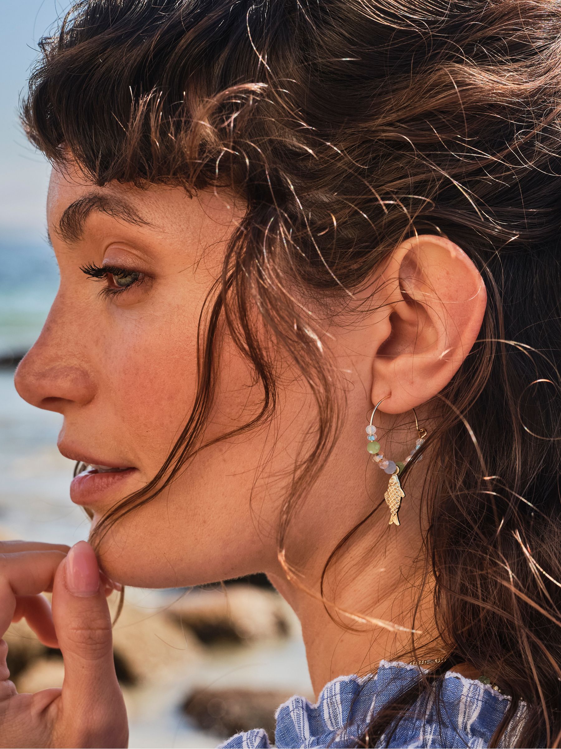 Gold Tone Fish Beaded Hoops - Image 1 of 3