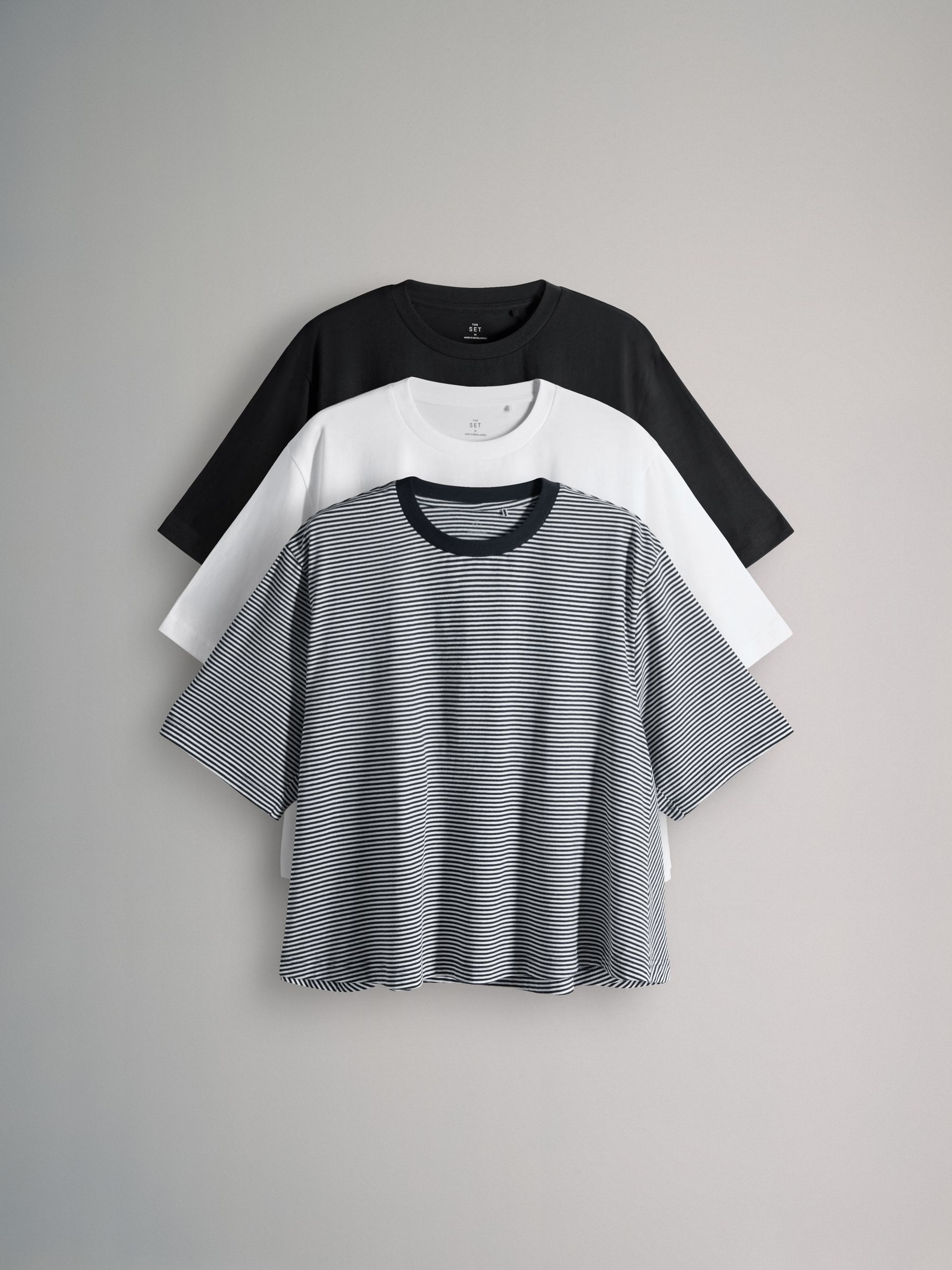 3 Pack Crew Neck Short Sleeve Swing T-Shirt Black/White/Stripe - Image 2 of 6