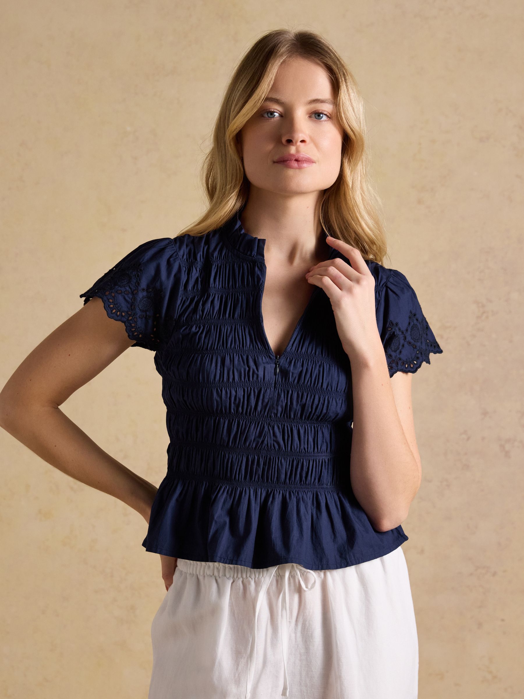 Ettie Navy Frill Shirred Top With Broderie Sleeves - Image 1 of 8