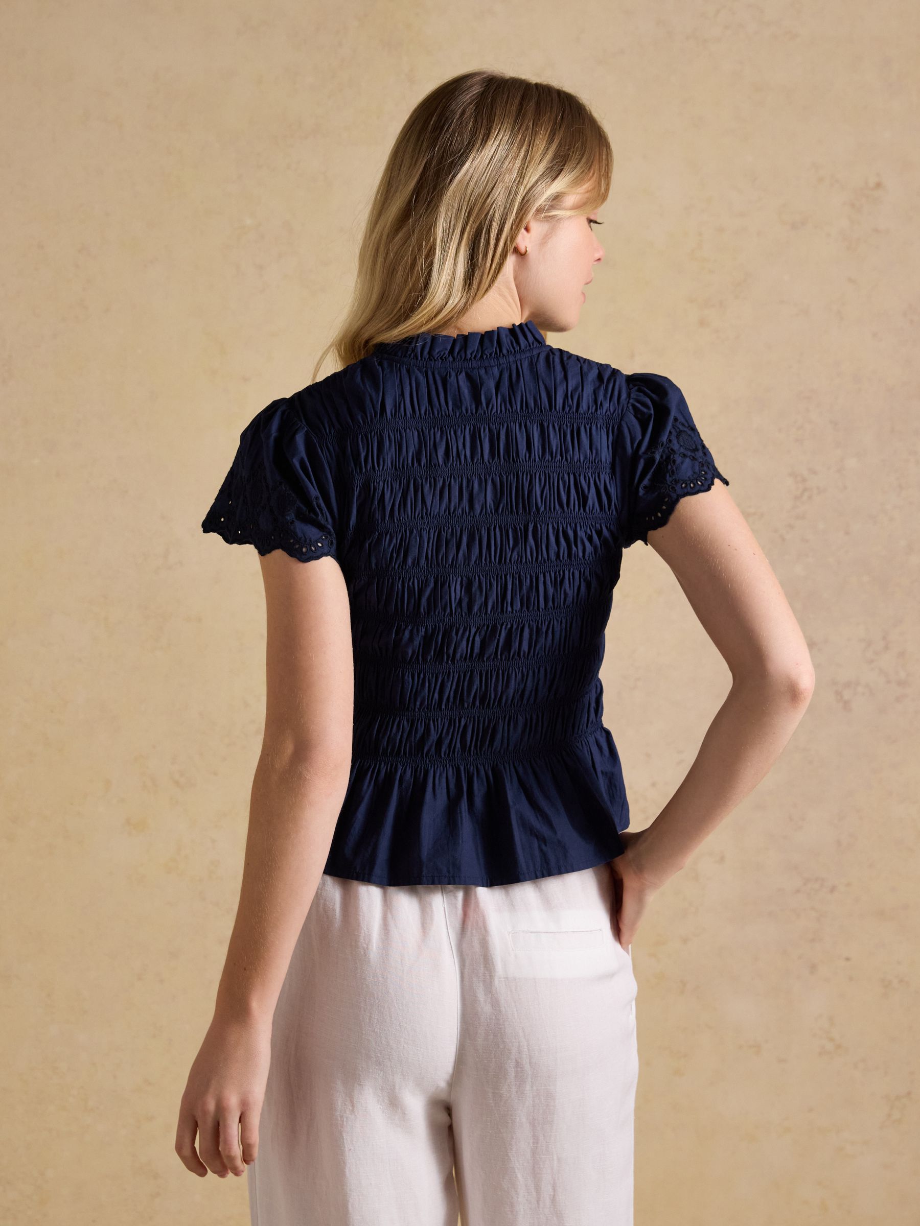 Ettie Navy Frill Shirred Top With Broderie Sleeves - Image 2 of 8