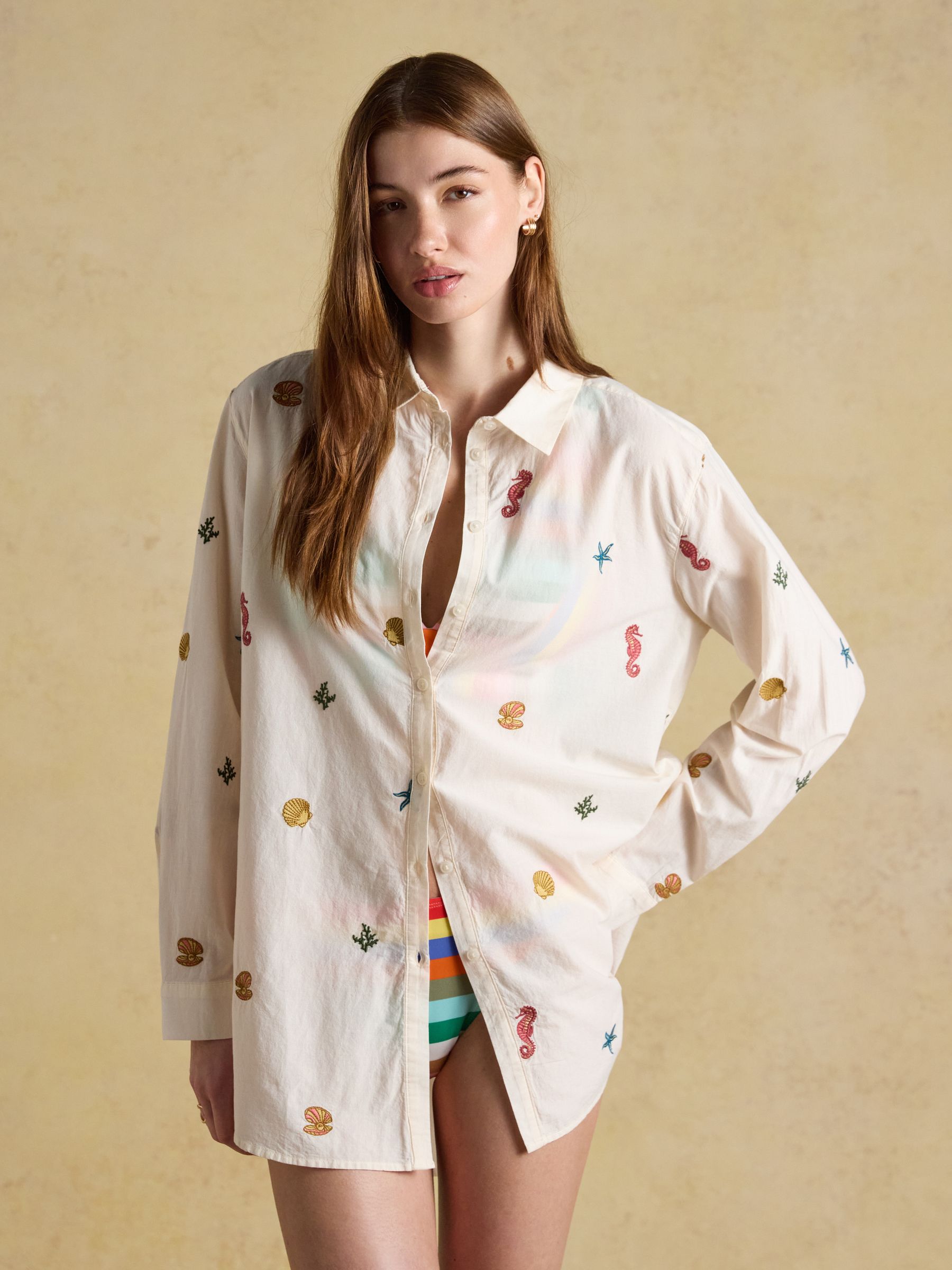 Sophia Cream Embroidered Holiday Icons Longline Cotton Shirt - Image 1 of 8