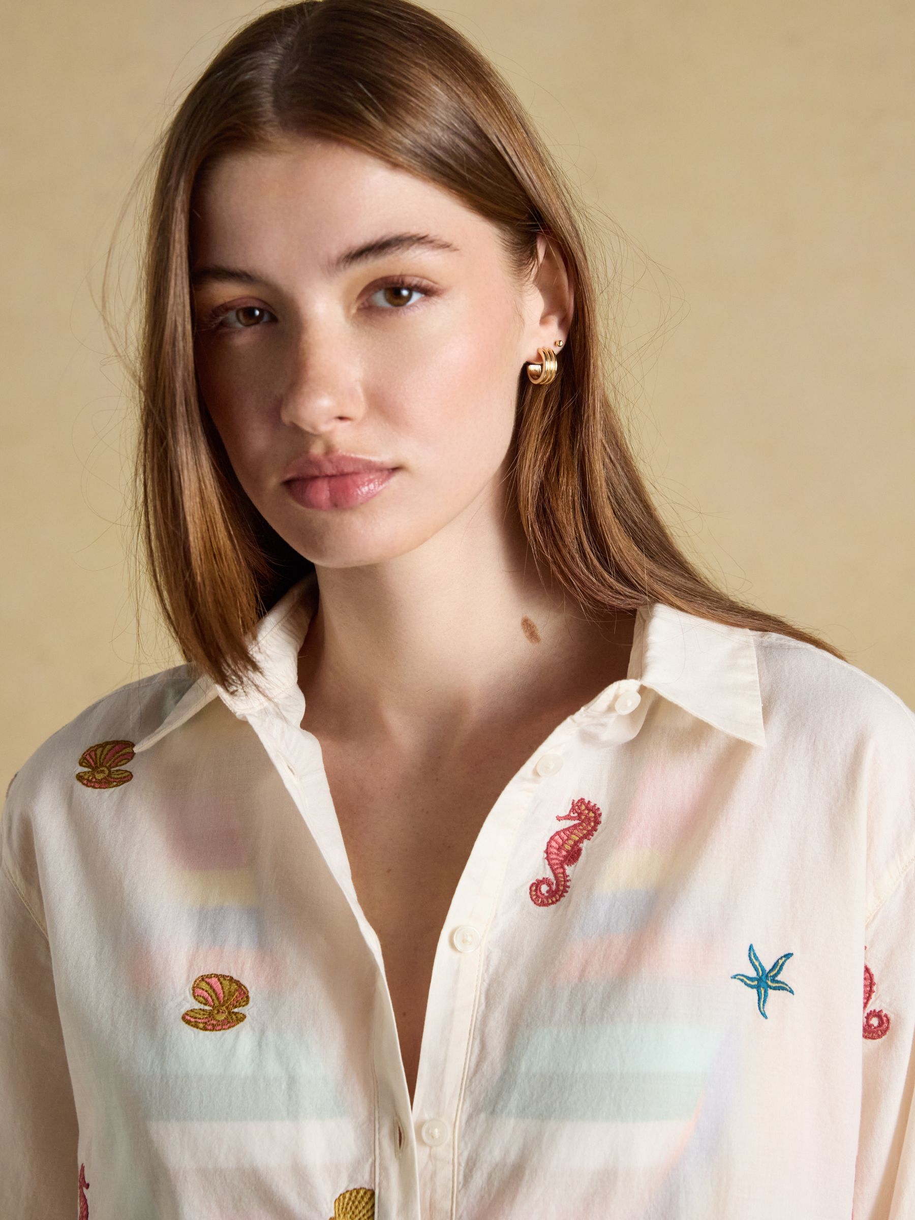 Sophia Cream Embroidered Holiday Icons Longline Cotton Shirt - Image 4 of 8