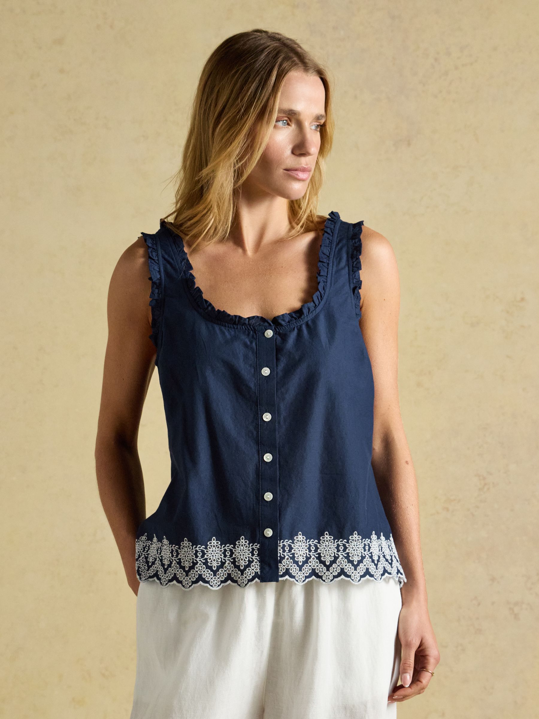 Millie Navy Blue Broderie Trim Vest - Image 1 of 7 Millie Navy Blue Broderie Trim Vest - Image 1 of 7
