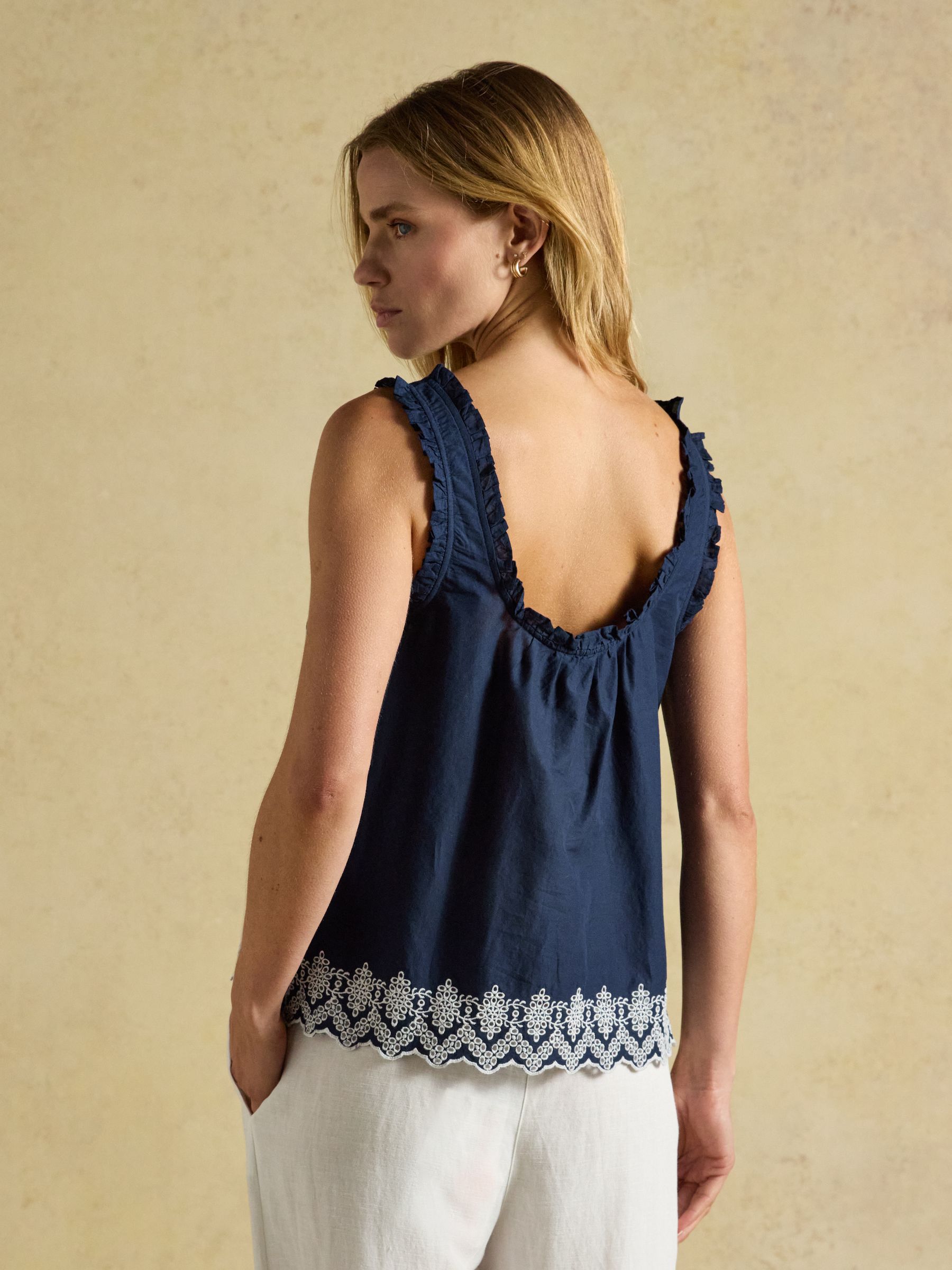Millie Navy Blue Broderie Trim Vest - Image 2 of 7 Millie Navy Blue Broderie Trim Vest - Image 2 of 7