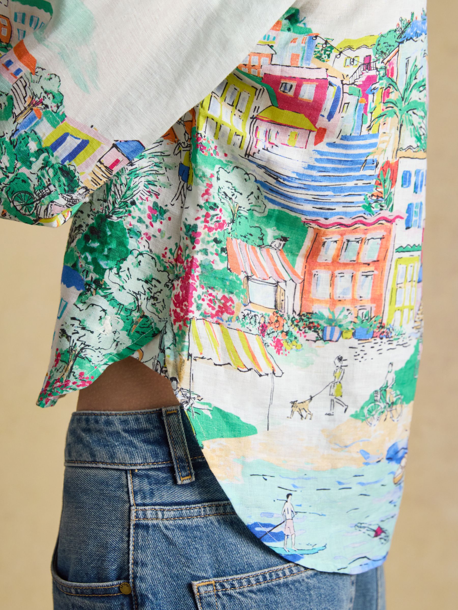 Selena Coastal Scene Print Pure Linen Printed Long Sleeve Shirt - Image 10 of 12