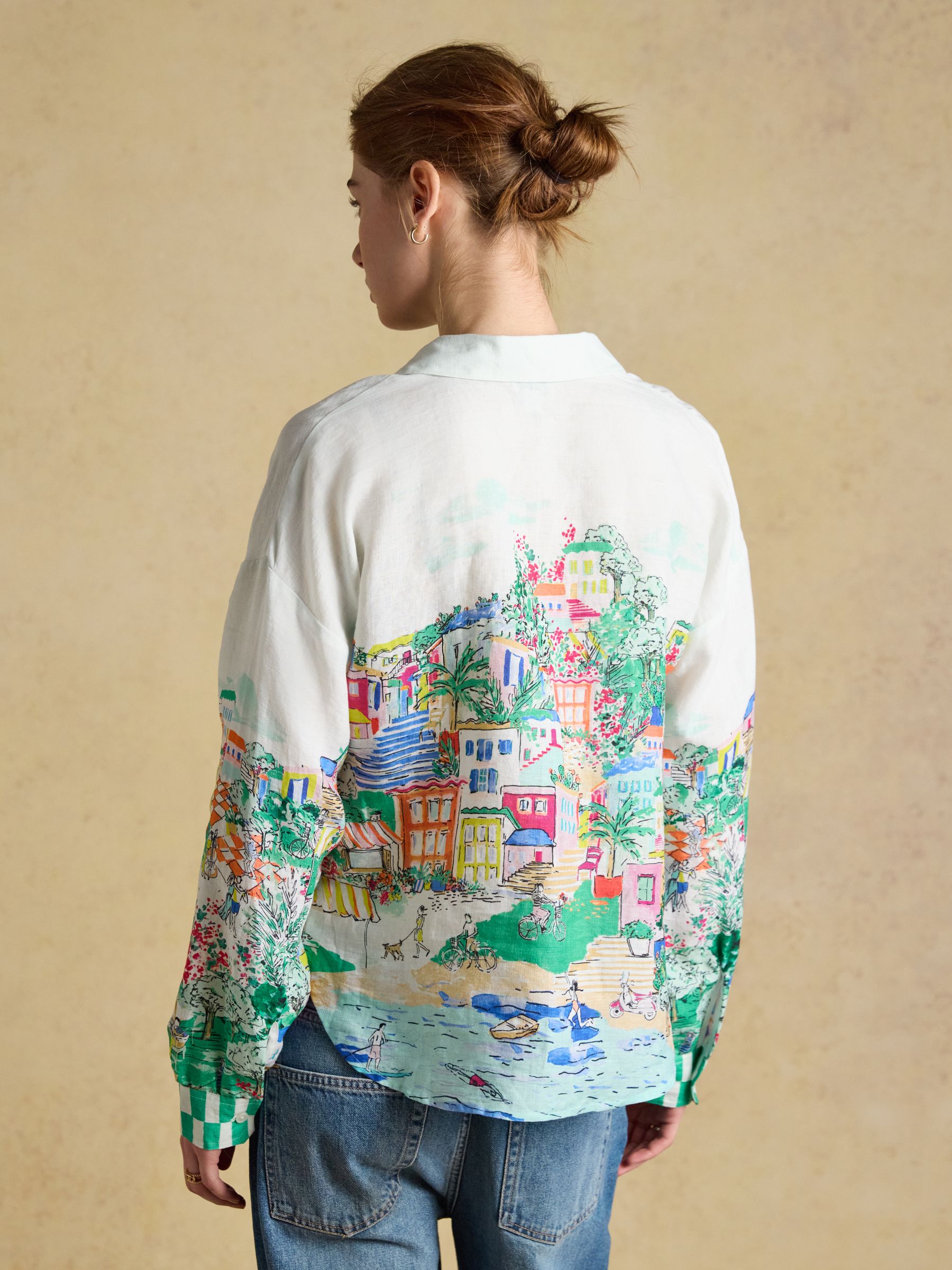 Selena Coastal Scene Print Pure Linen Printed Long Sleeve Shirt - Image 5 of 12