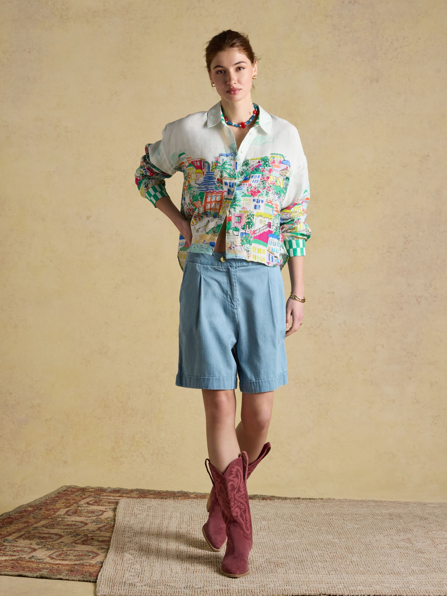 Selena Coastal Scene Print Pure Linen Printed Long Sleeve Shirt - Image 9 of 12