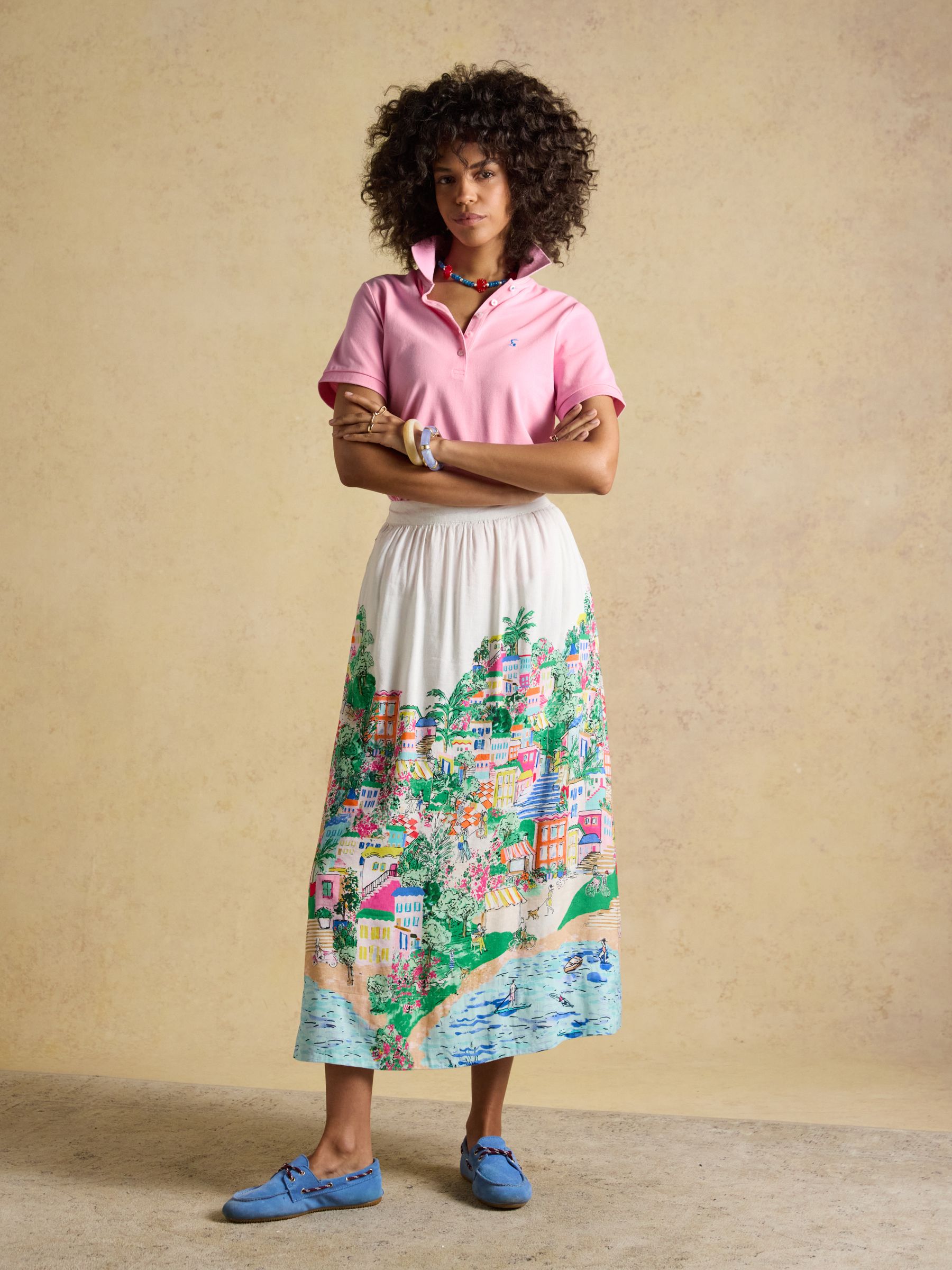 White Coastal Scene Print Placement Midi Skirt with Linen - Image 10 of 12
