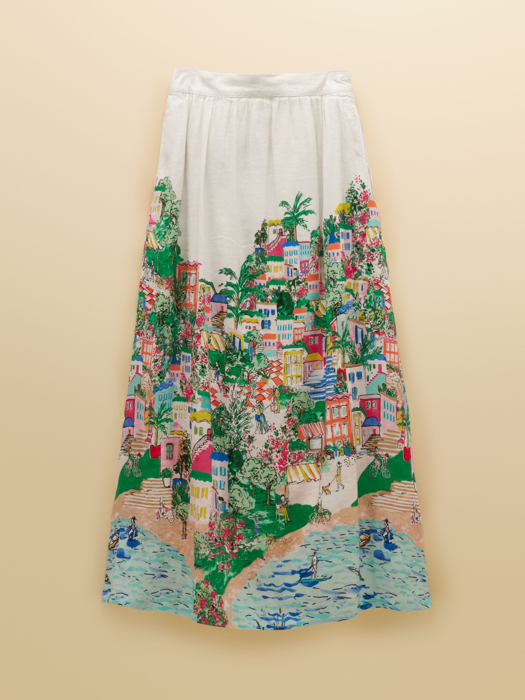 White Coastal Scene Print Placement Midi Skirt with Linen - Image 12 of 12