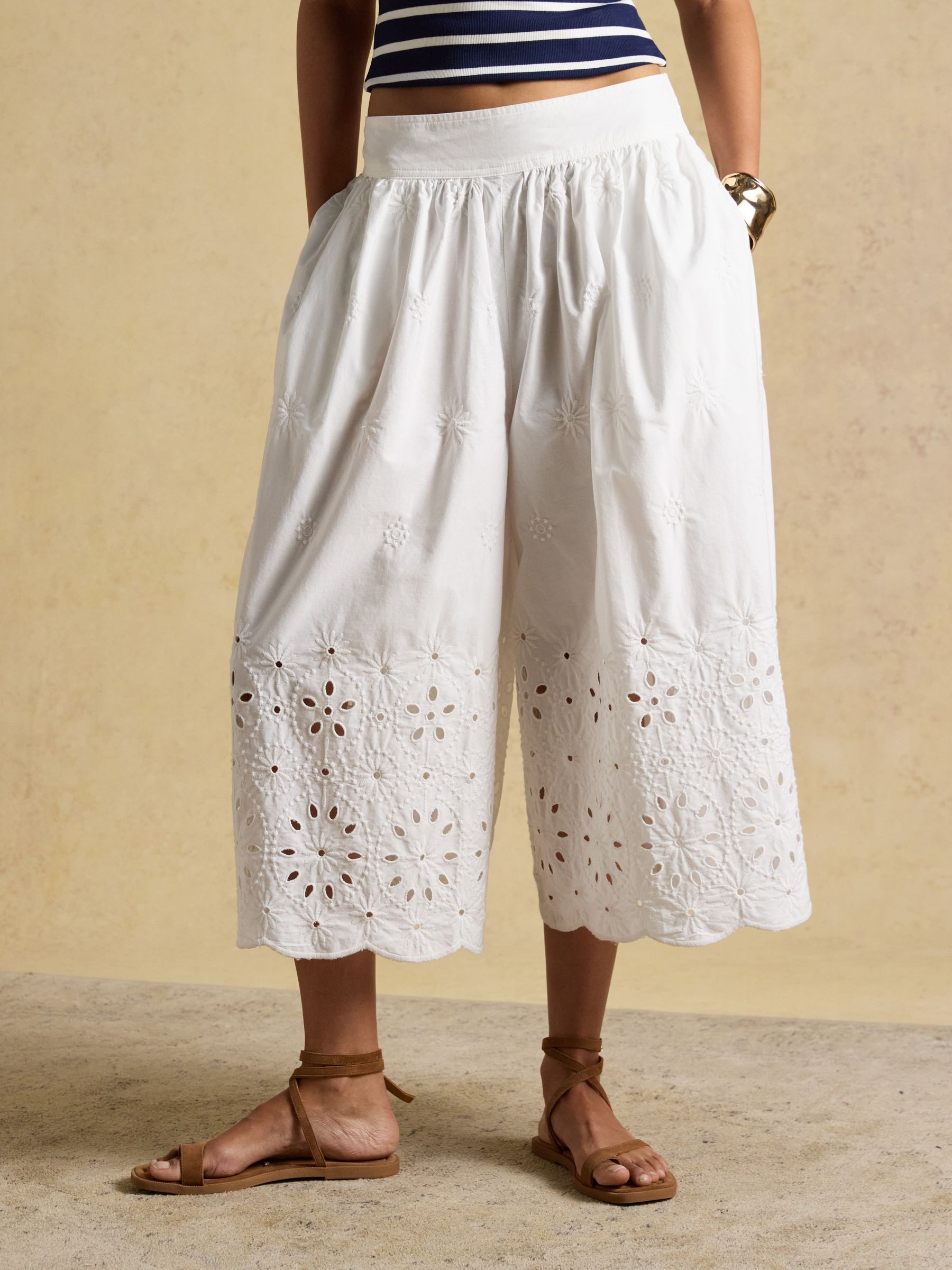 White Broderie Cropped Wide Leg Trouser - Image 1 of 8
