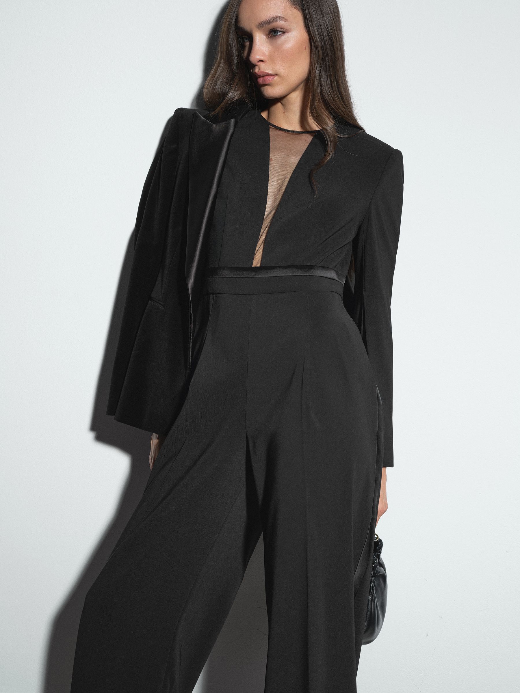 Petite Plunge-Neck Split-Sleeve Jumpsuit in Black - Image 1 of 8