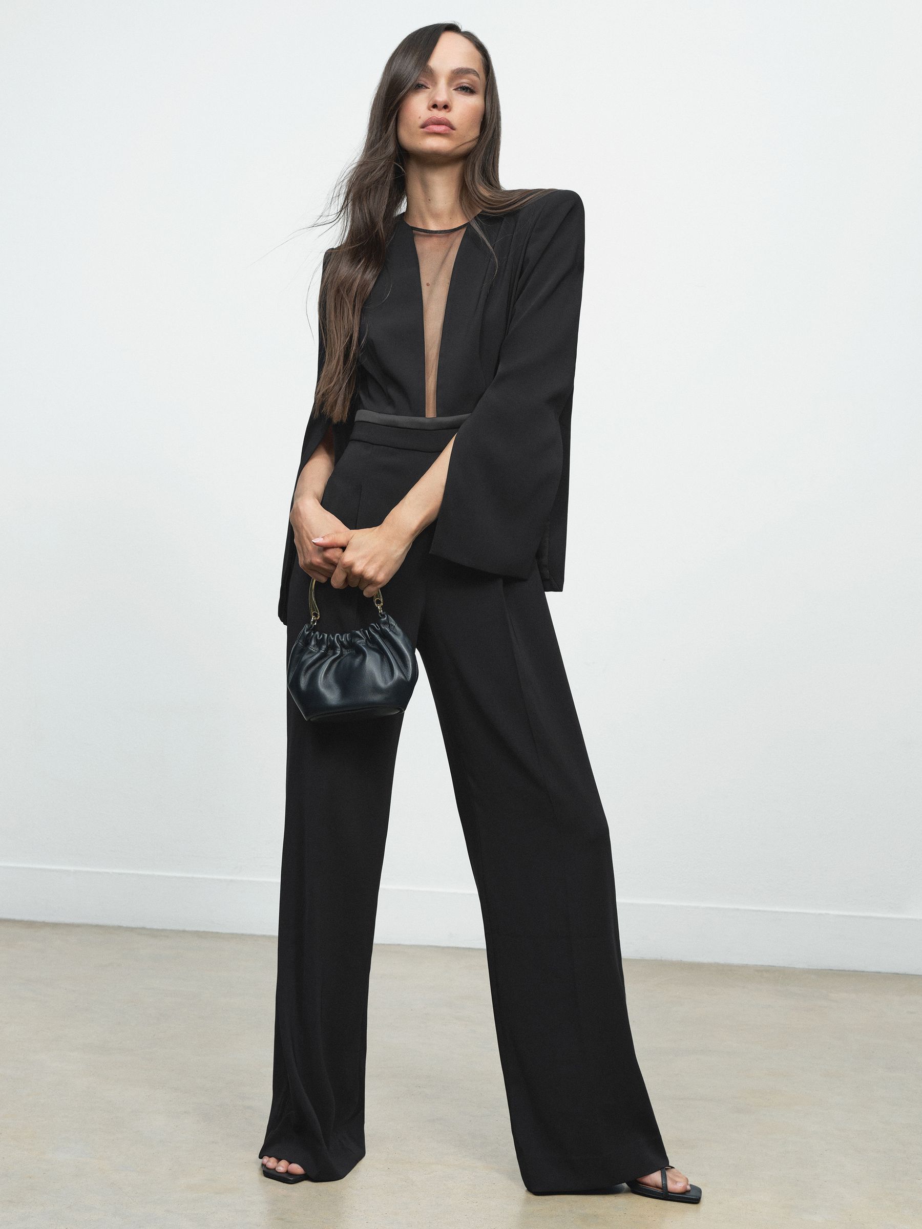 Petite Plunge-Neck Split-Sleeve Jumpsuit in Black - Image 3 of 8