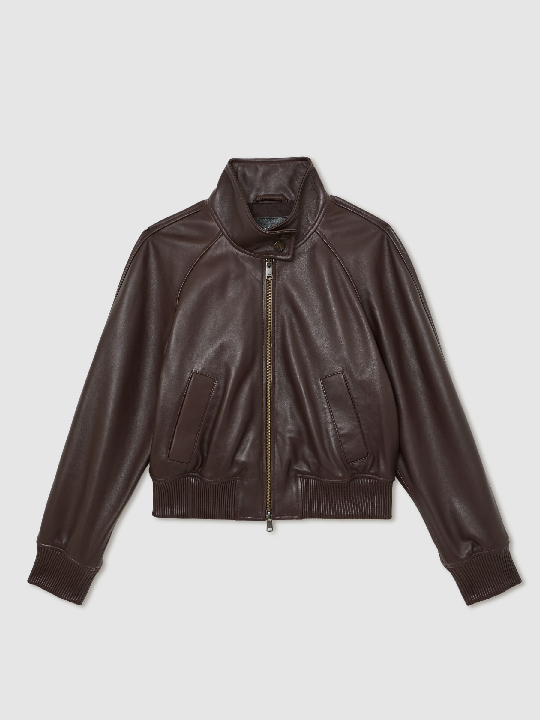 Reiss Leather Funnel Neck Bomber Jacket In Chocolate Brown REISS Reiss Leather Funnel Neck Bomber Jacket In Chocolate Brown REISS
