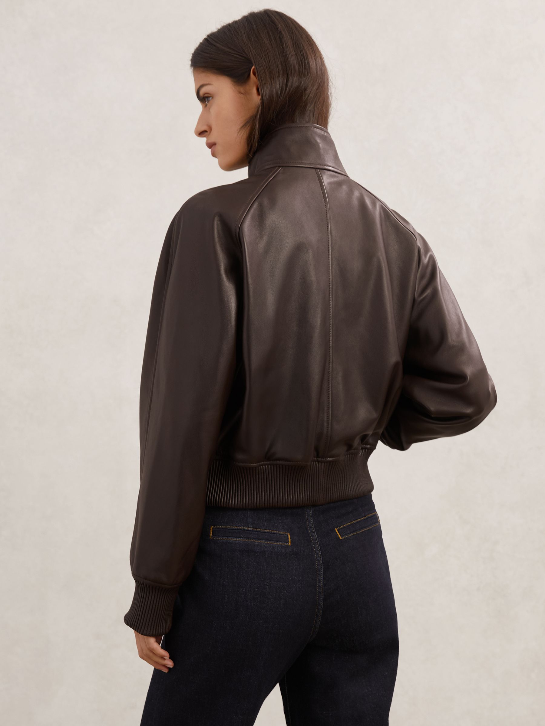 Leather Funnel-Neck Bomber Jacket in Chocolate Brown - image 4