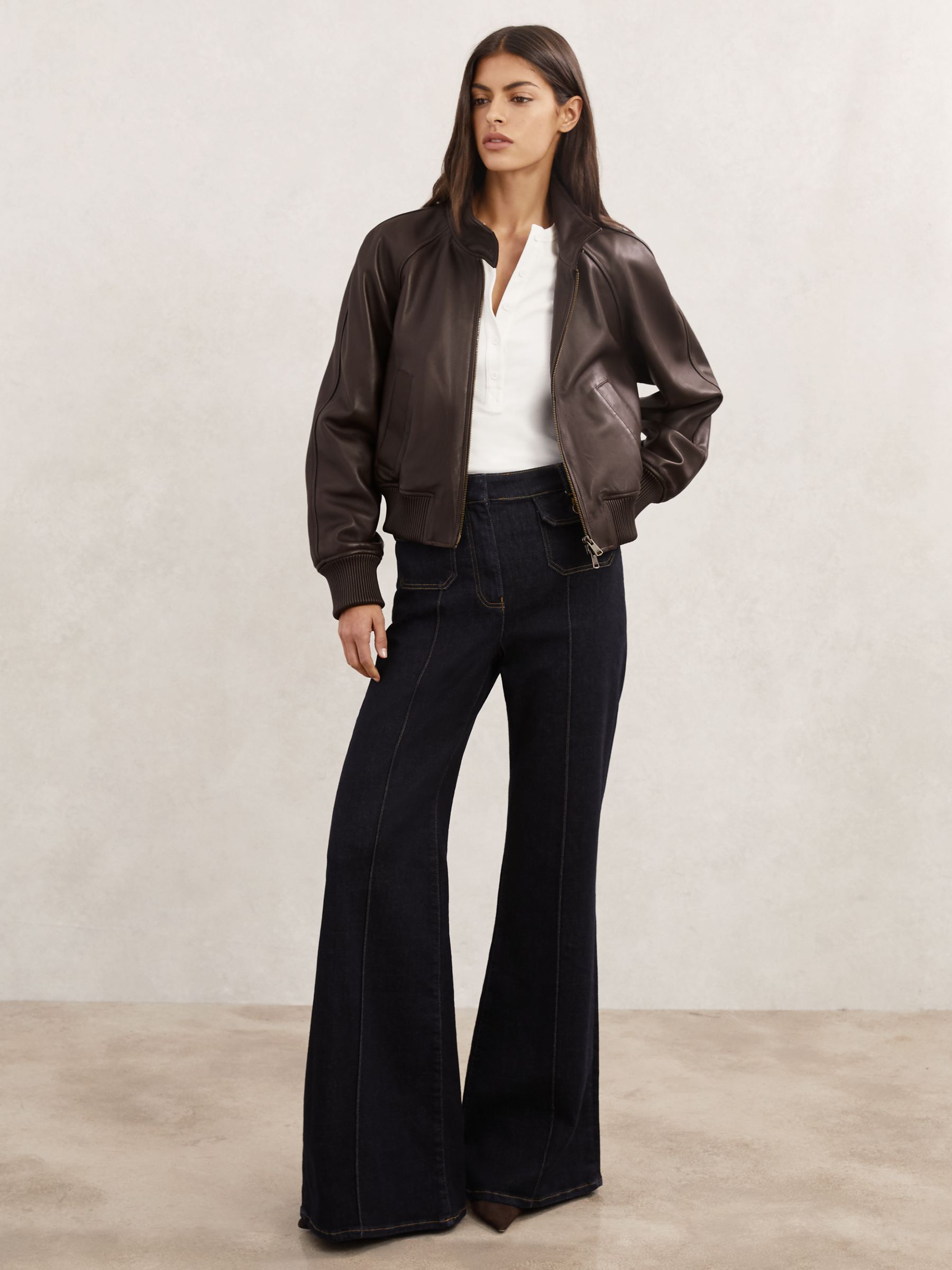 Leather Funnel-Neck Bomber Jacket in Chocolate Brown - image 3