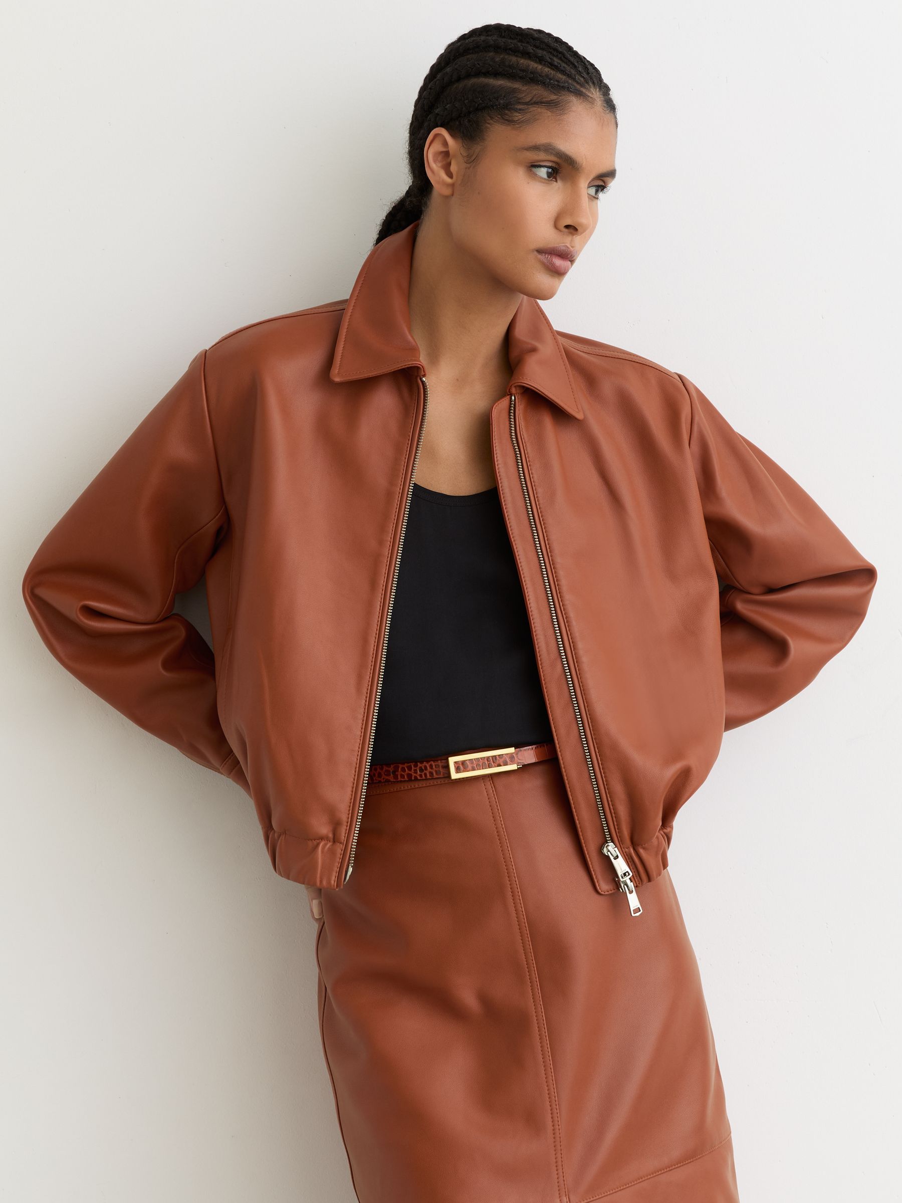 Leather Cropped Bomber Jacket in Tan - Image 1 of 7