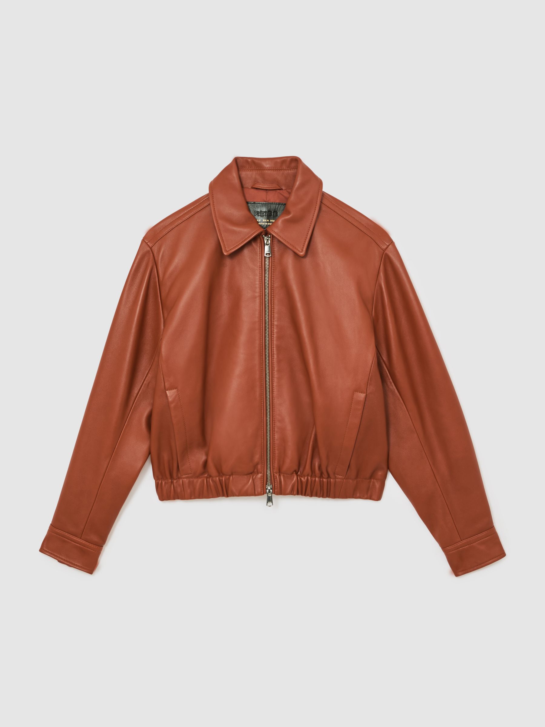 Leather Cropped Bomber Jacket in Tan - image 1