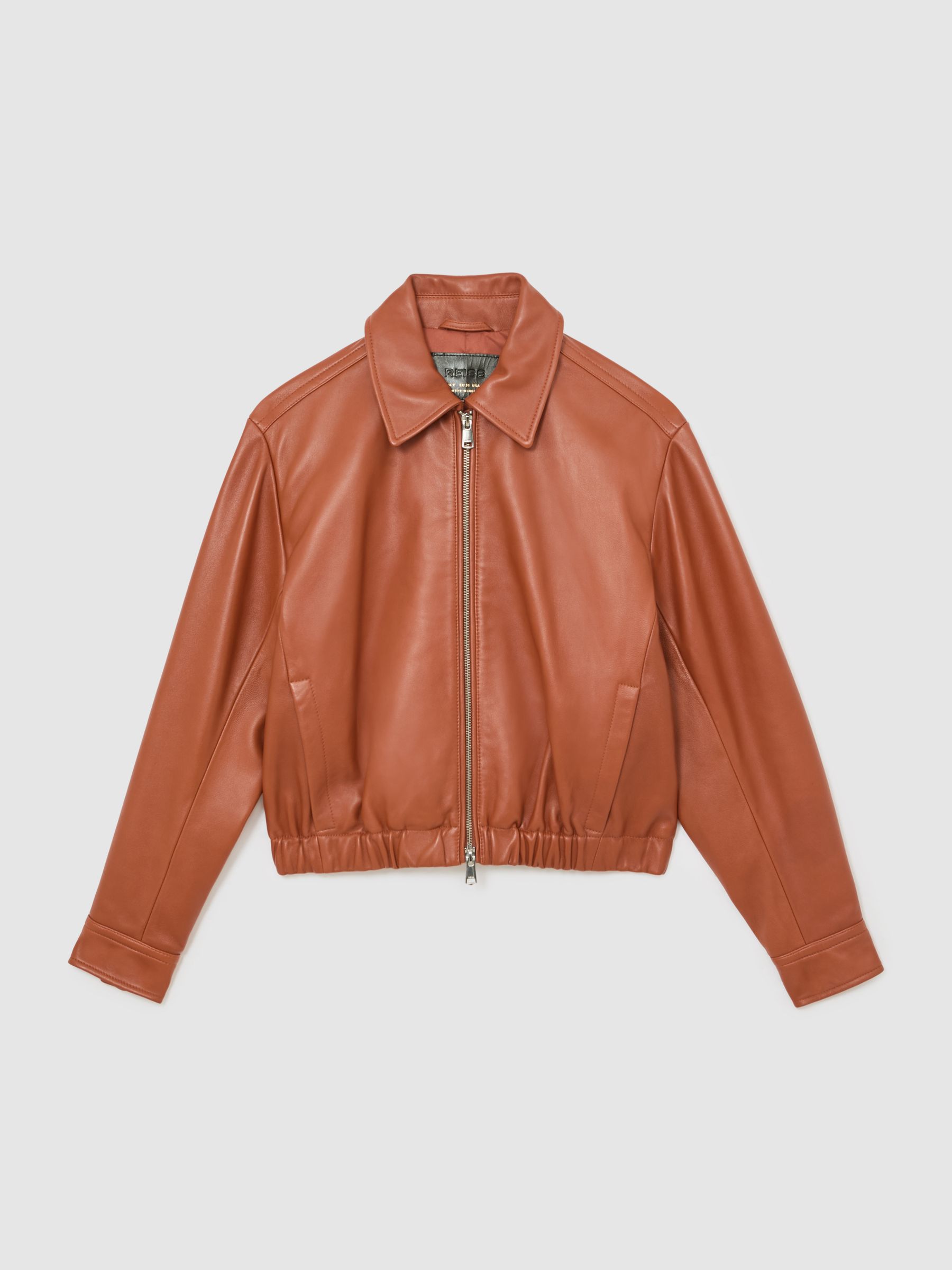 Leather Cropped Bomber Jacket in Tan - Image 2 of 7