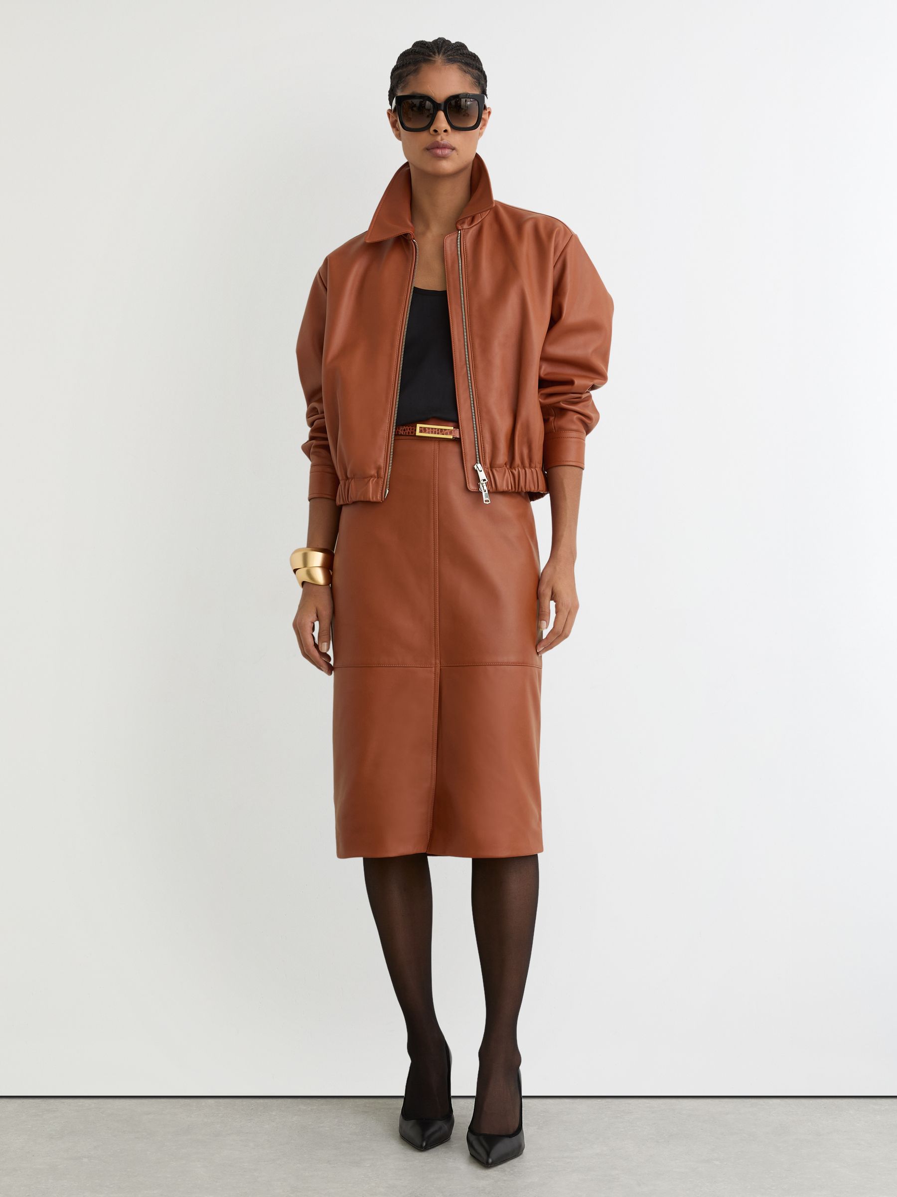 Leather Cropped Bomber Jacket in Tan - Image 3 of 7