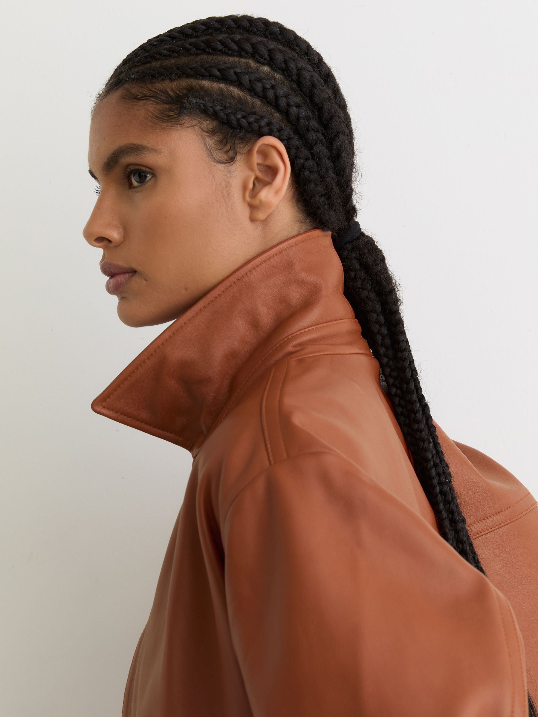 Leather Cropped Bomber Jacket in Tan - Image 4 of 7