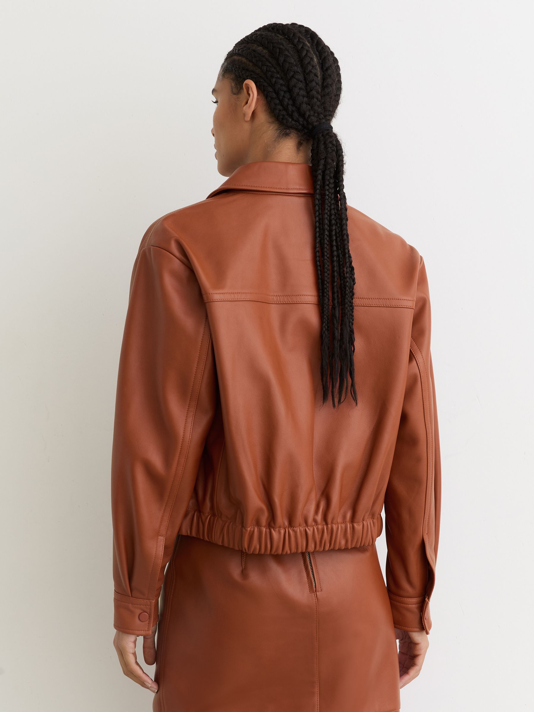 Leather Cropped Bomber Jacket in Tan - Image 5 of 7