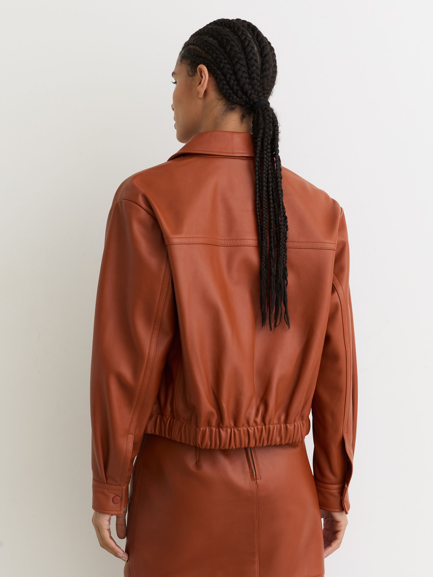 Leather Cropped Bomber Jacket in Tan - image 5