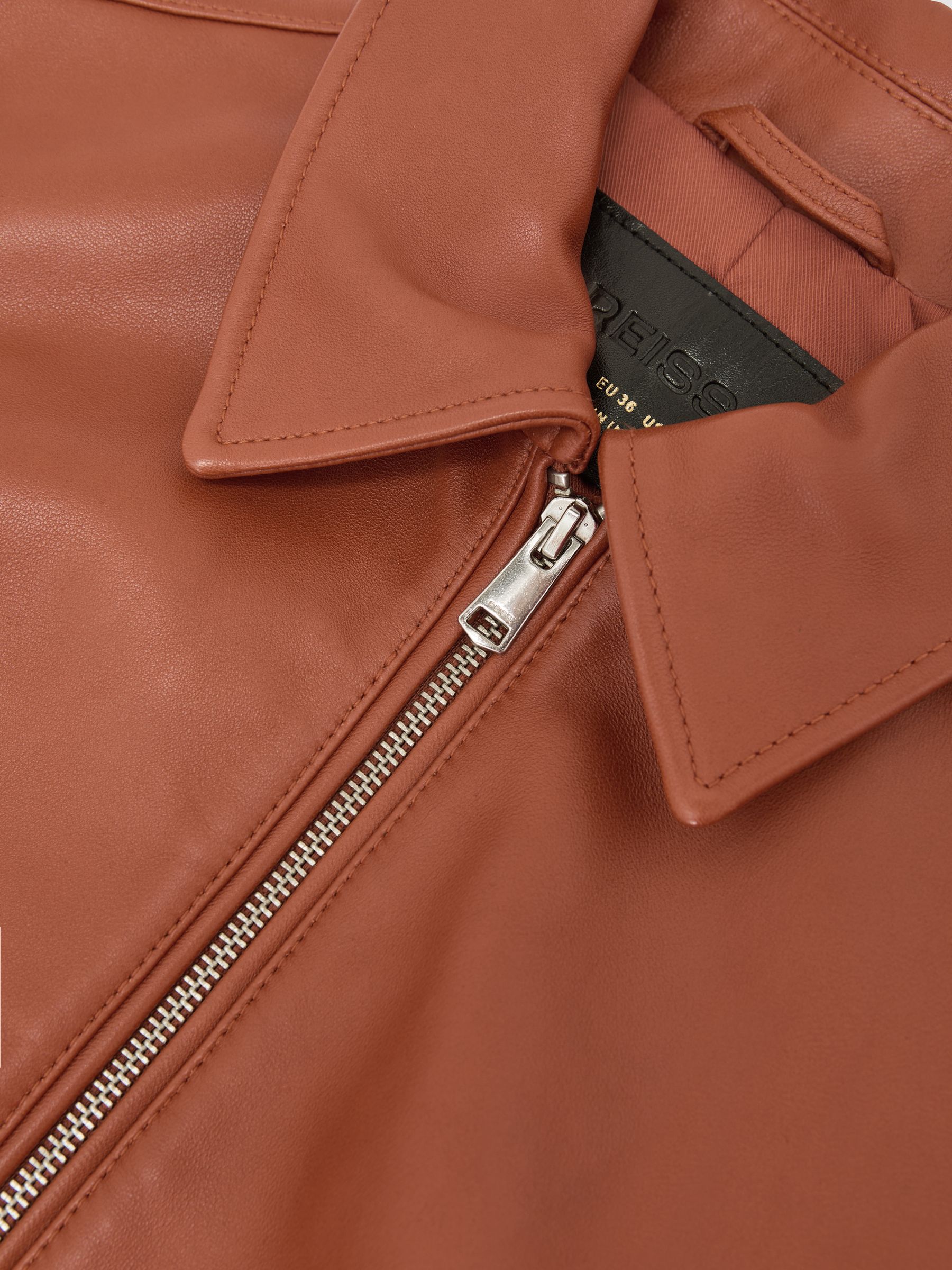 Leather Cropped Bomber Jacket in Tan - Image 7 of 7