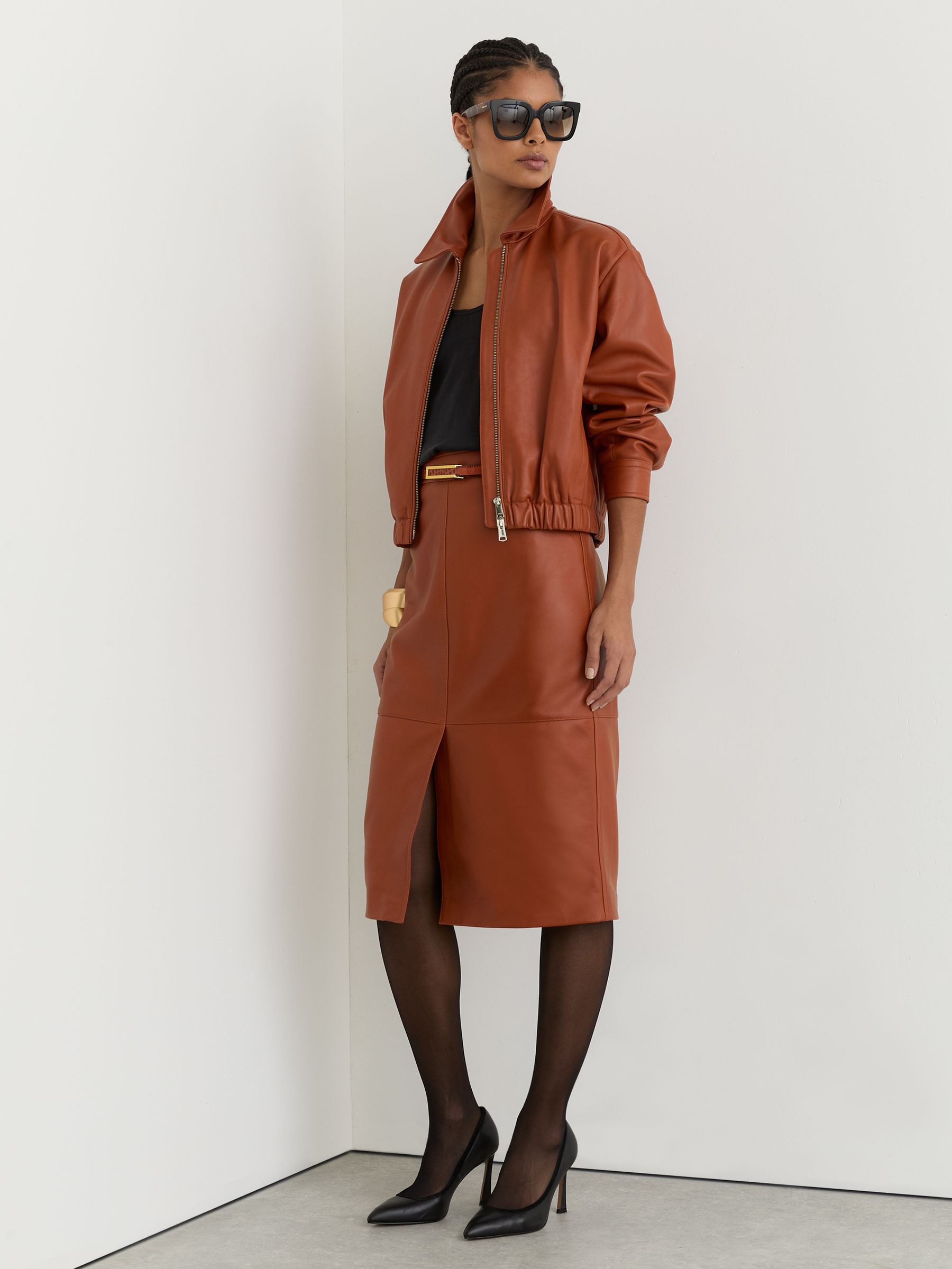 Leather Cropped Bomber Jacket in Tan - image 3