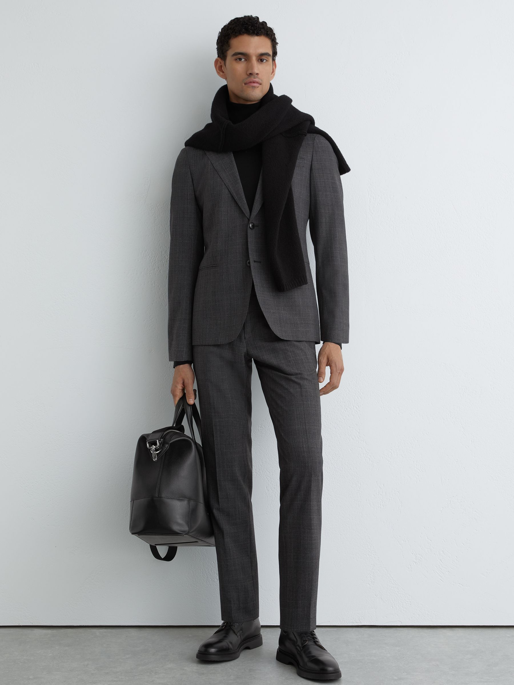 Tailored Fit Wool-Blend Check Suit Trousers in Charcoal Grey - image 2