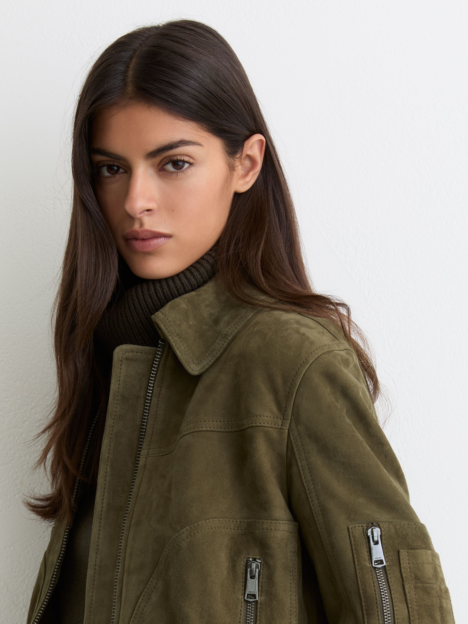 Reiss Suede Zip-Through Jacket in Khaki Green - REISS