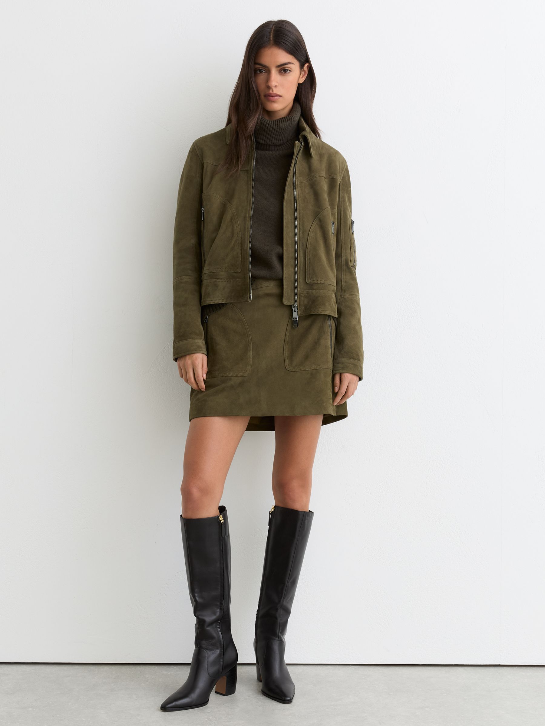 Wildlederjacke mit durchgehendem Reißverschluss in Khakigrün - Bild 4 von 9