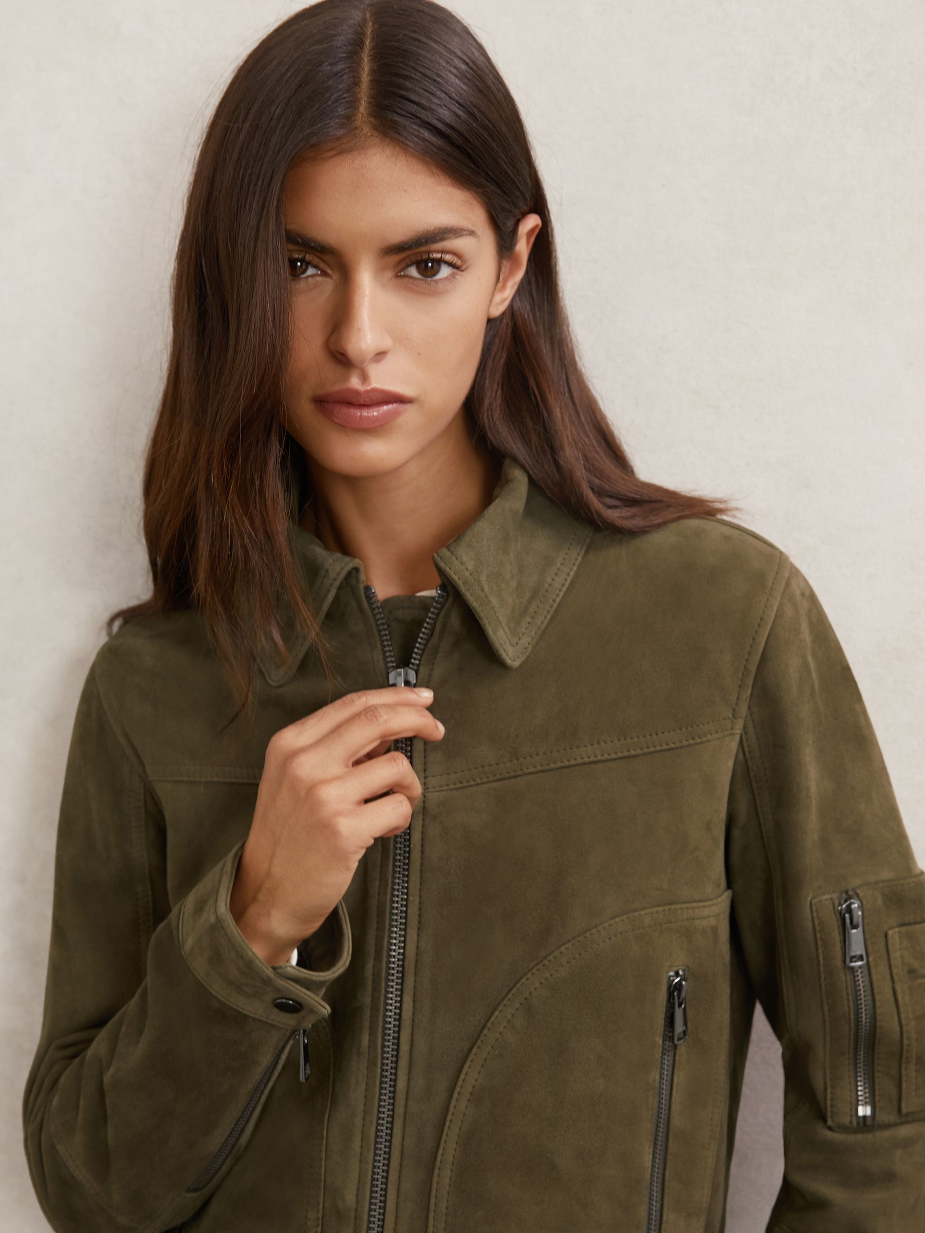 Suede Zip-Through Jacket in Khaki Green - image 5