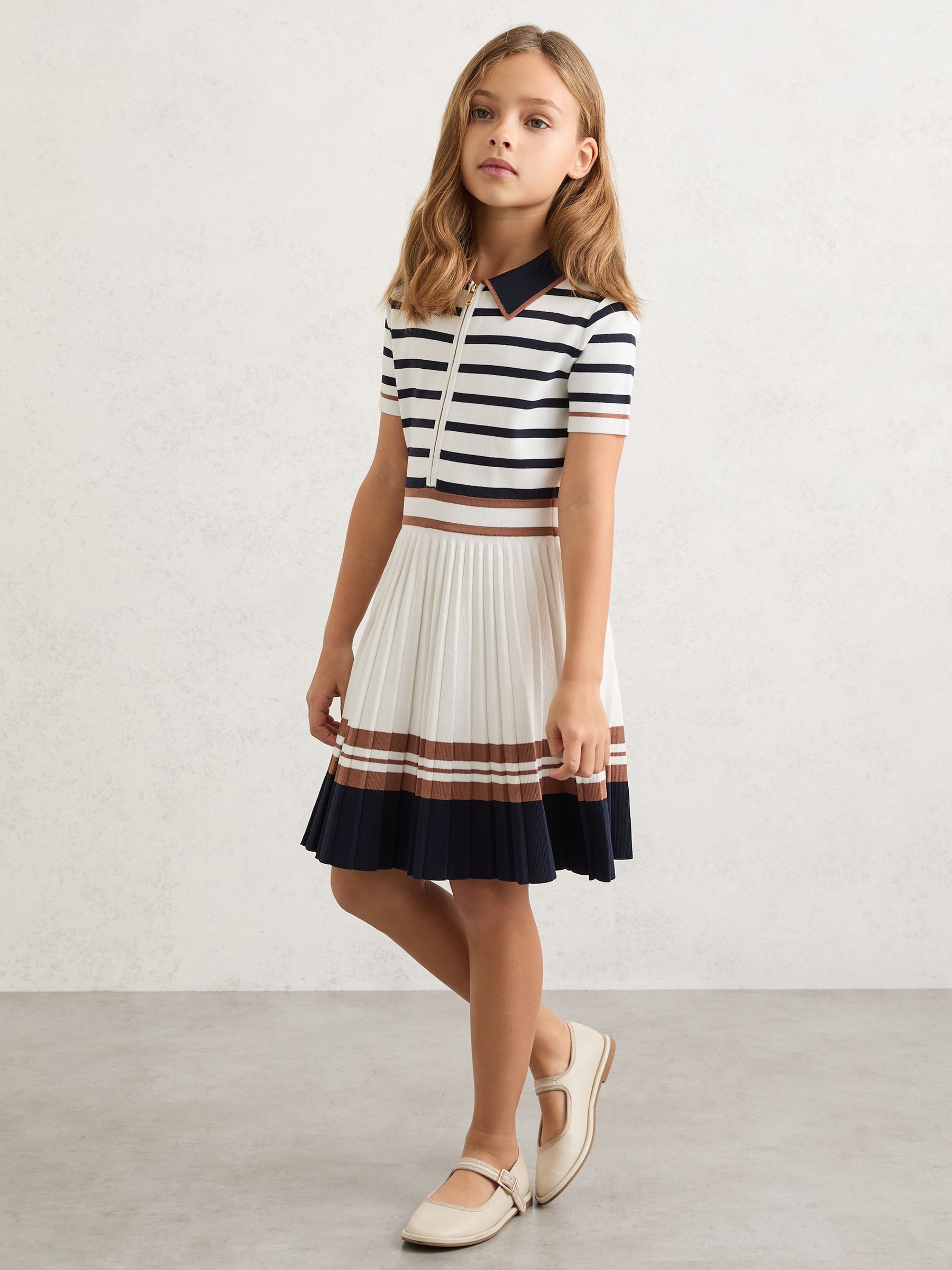 3-9 yrs Cotton Collared Stripe Knit Dress in Ivory - Image 1 of 4 3-9 yrs Cotton Collared Stripe Knit Dress in Ivory - Image 1 of 4