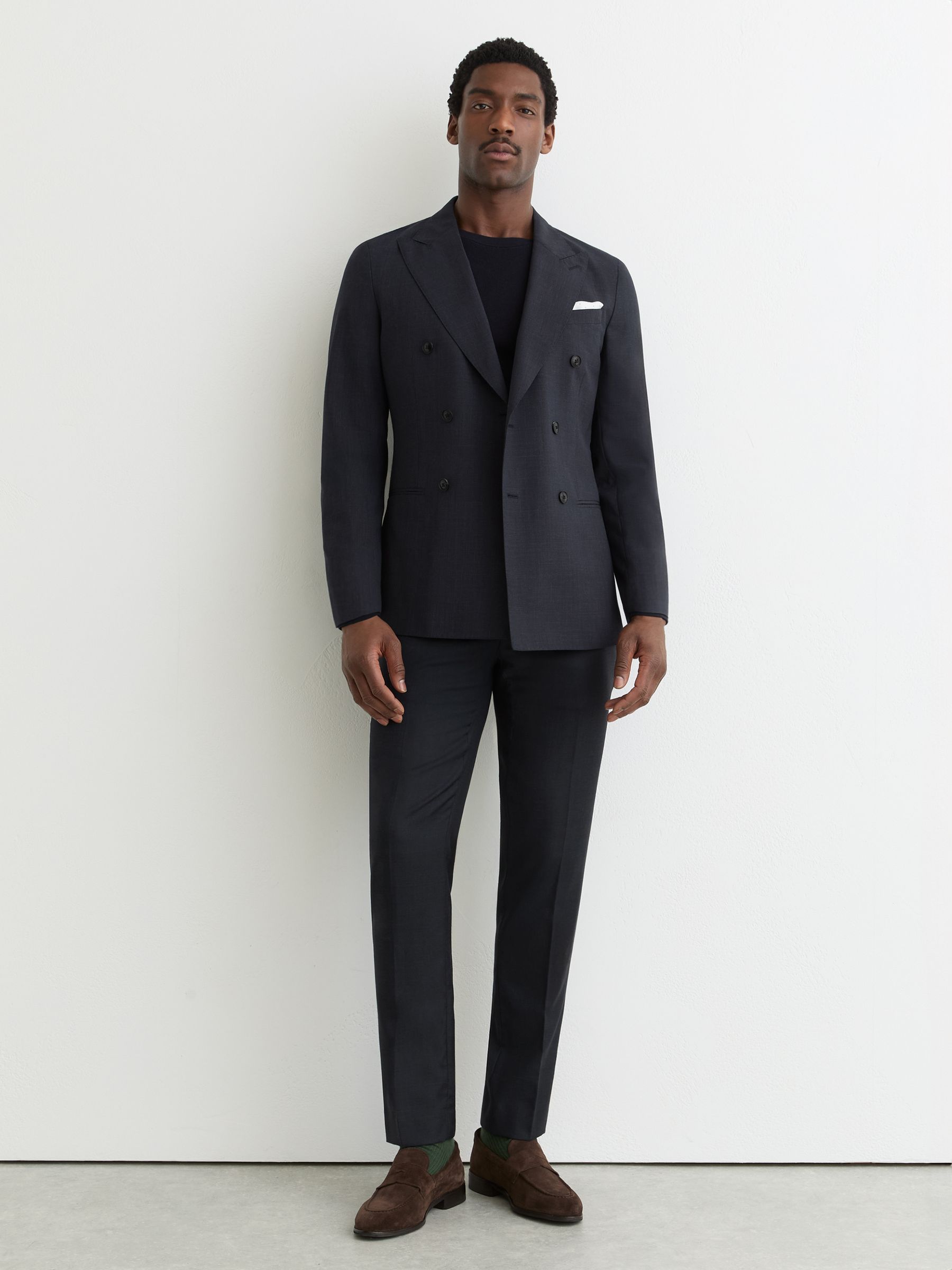 Tailored Fit Wool-Blend Check Suit Trousers in Navy - image 2