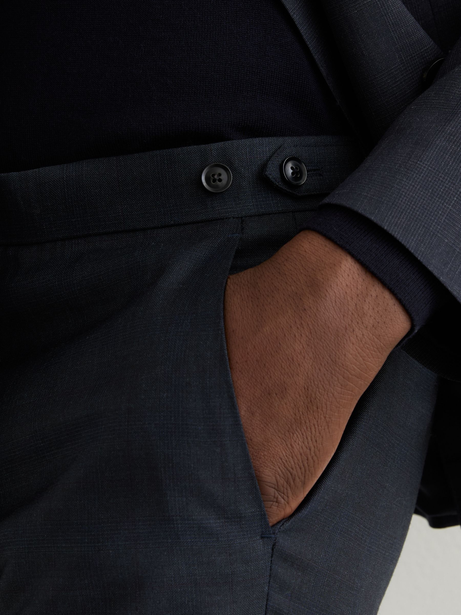 Tailored Fit Wool-Blend Check Suit Trousers in Navy - image 4