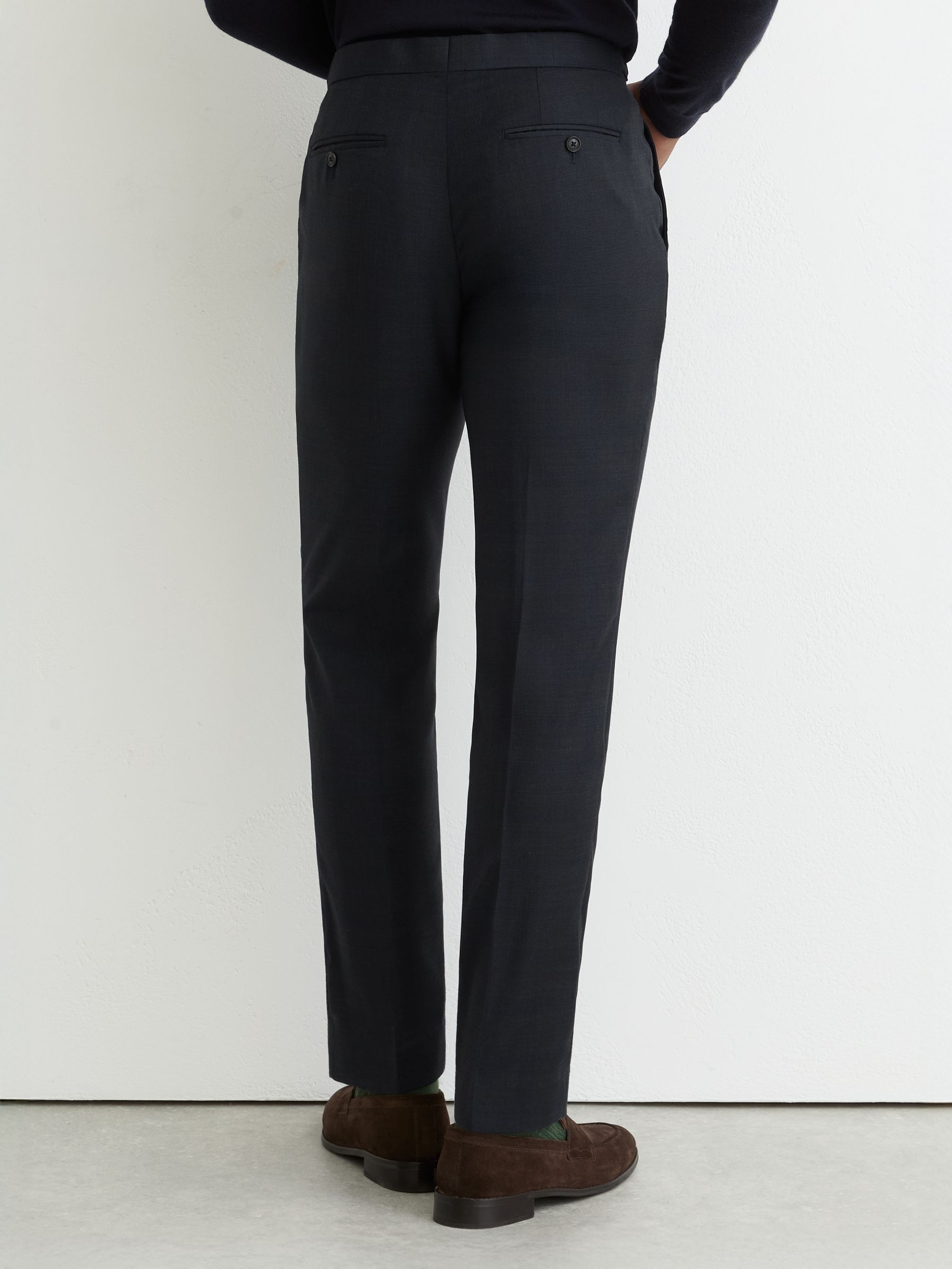 Tailored Fit Wool-Blend Check Suit Trousers in Navy - image 5
