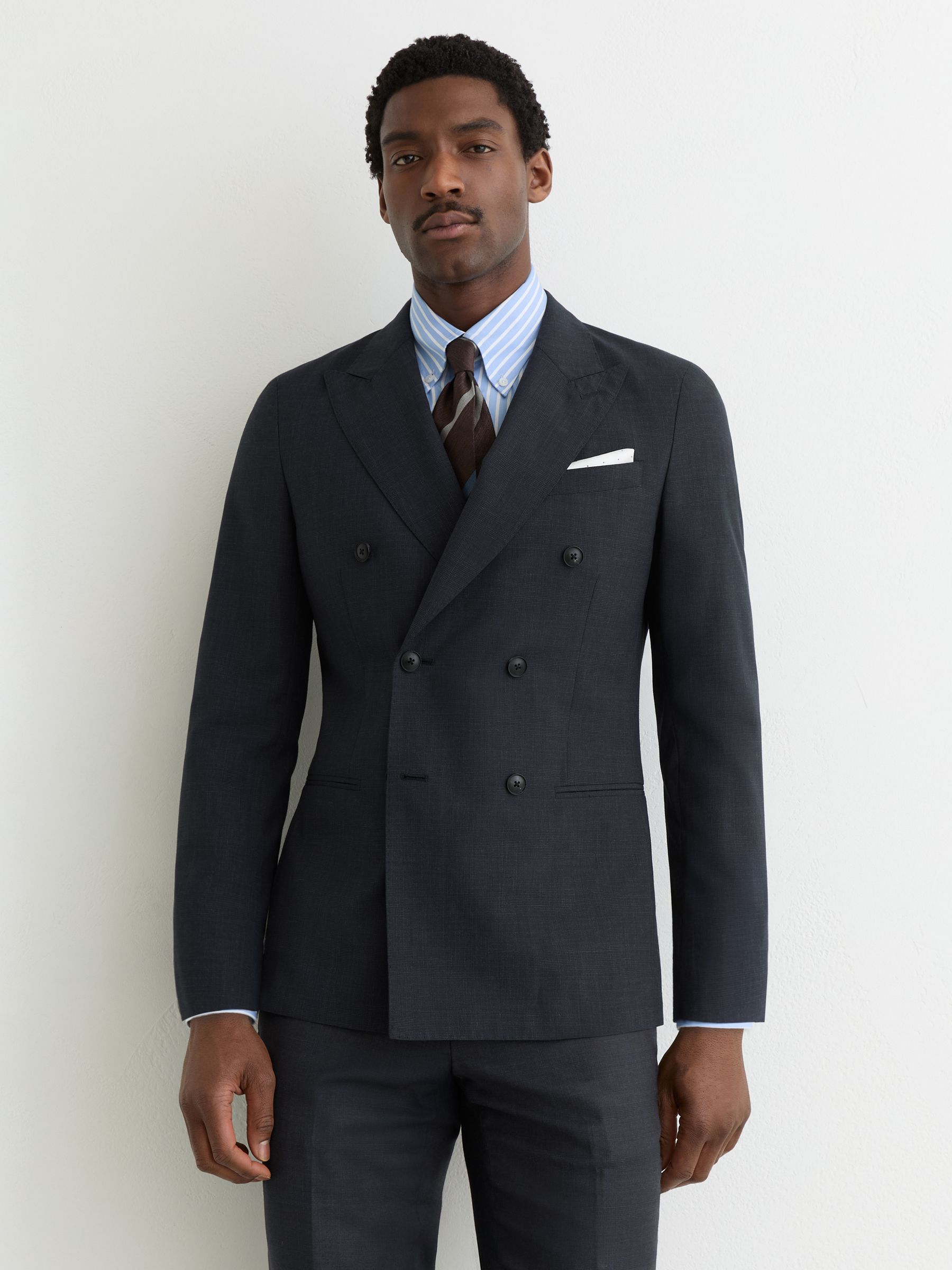 Double-Breasted Wool-Blend Tailored-Fit Suit Jacket in Navy - Image 1 of 7