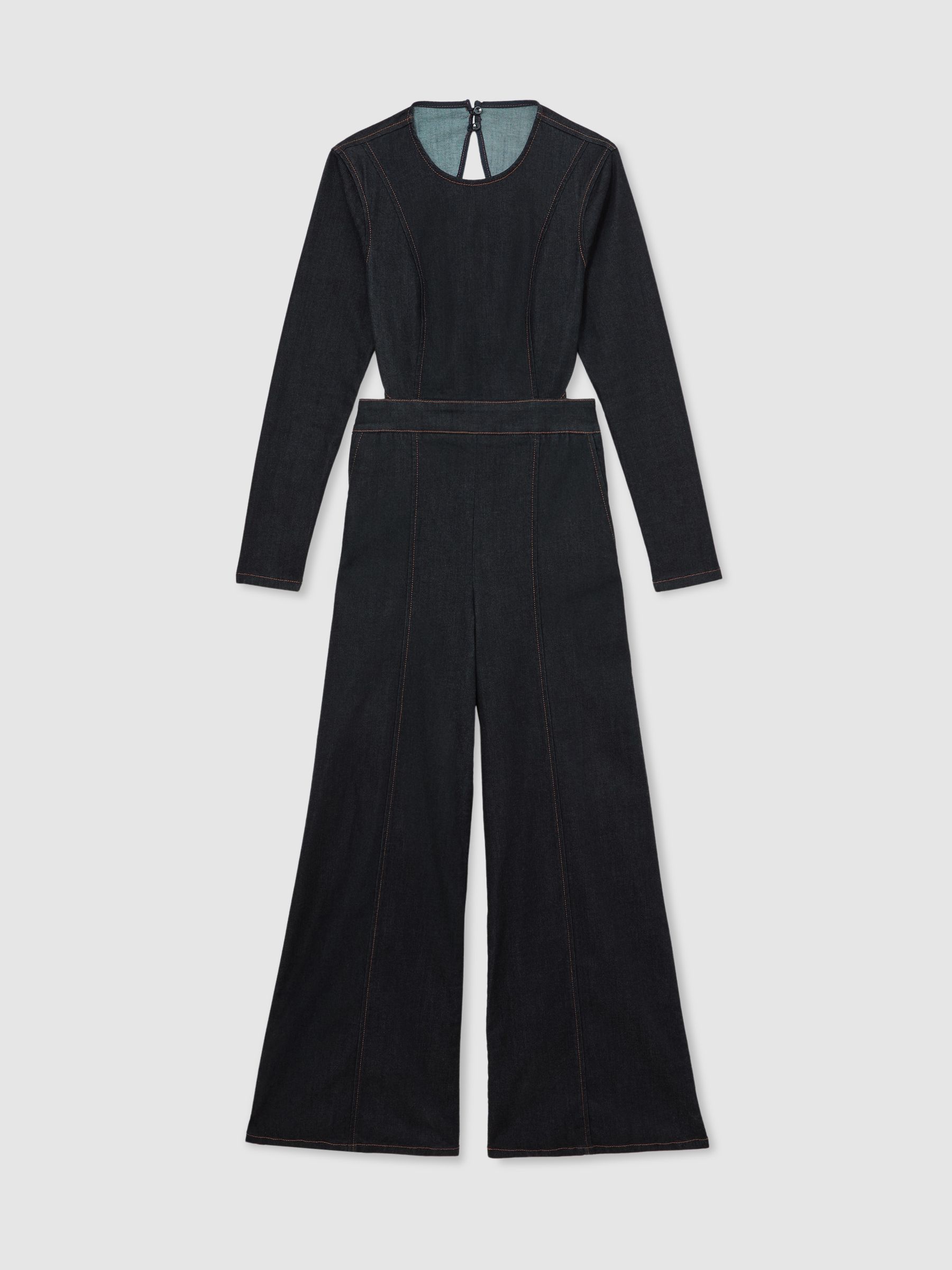 Wide-Leg Open-Back Denim Jumpsuit in Indigo Blue