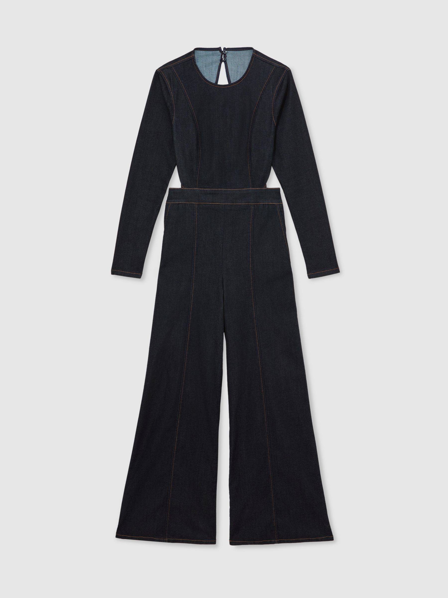 Wide-Leg Open-Back Denim Jumpsuit in Indigo Blue - Image 2 of 5