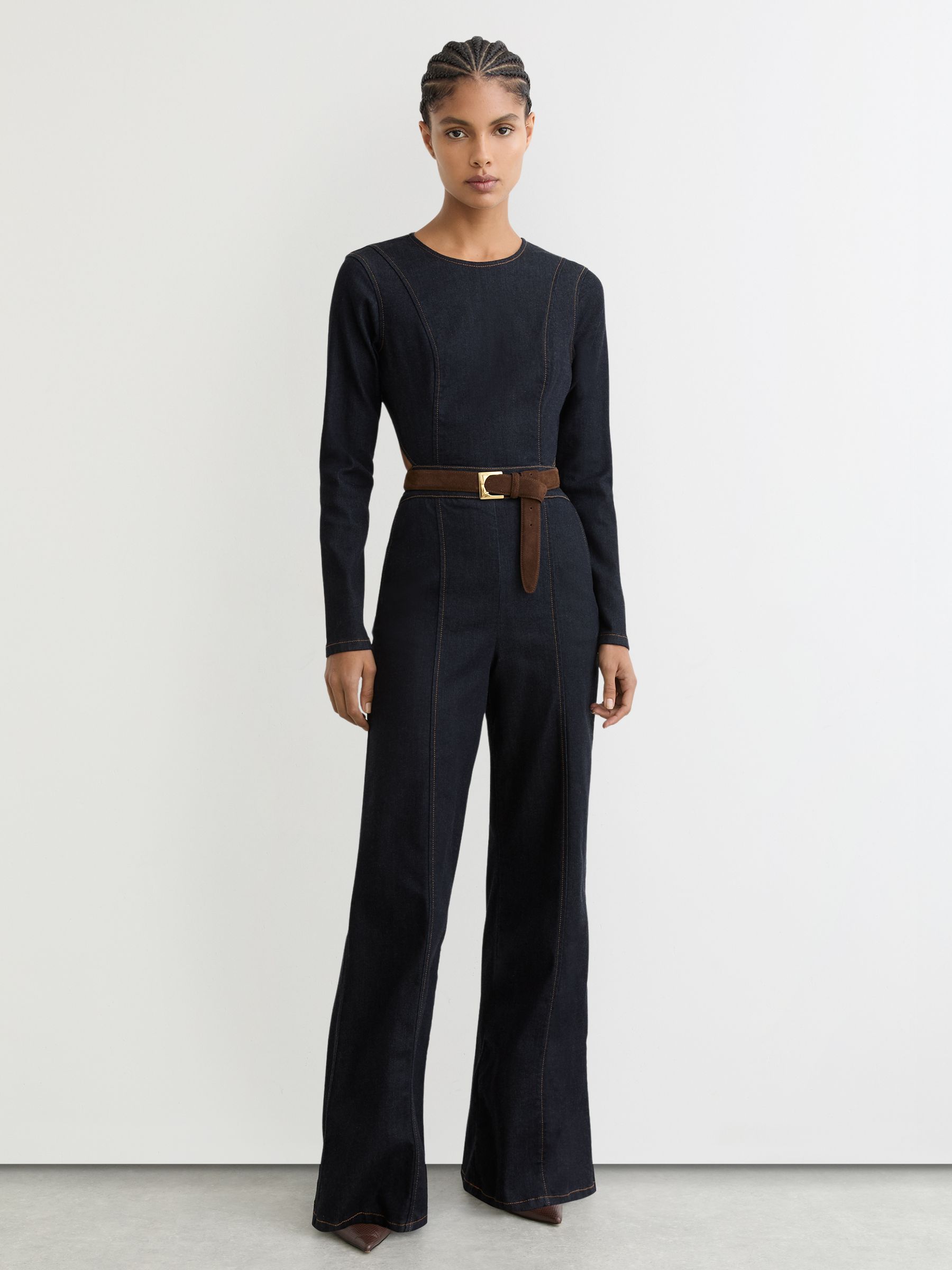Wide-Leg Open-Back Denim Jumpsuit in Indigo Blue - image 3
