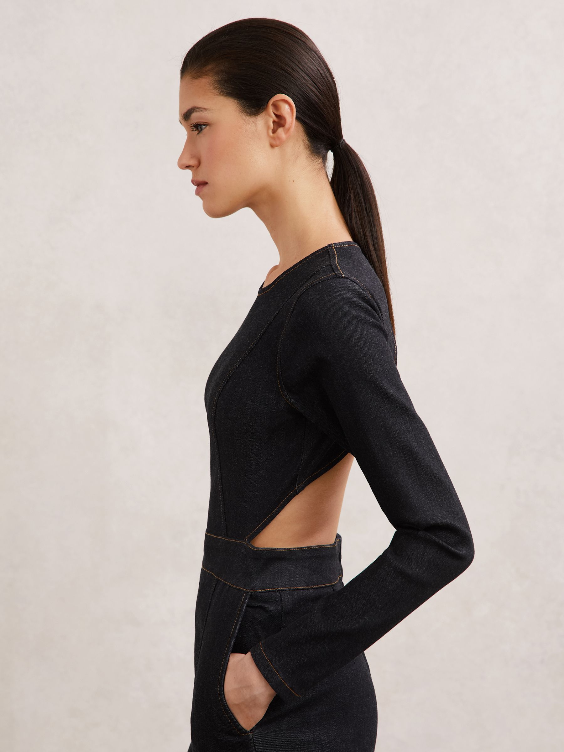 Wide-Leg Open-Back Denim Jumpsuit in Indigo Blue - Image 3 of 5