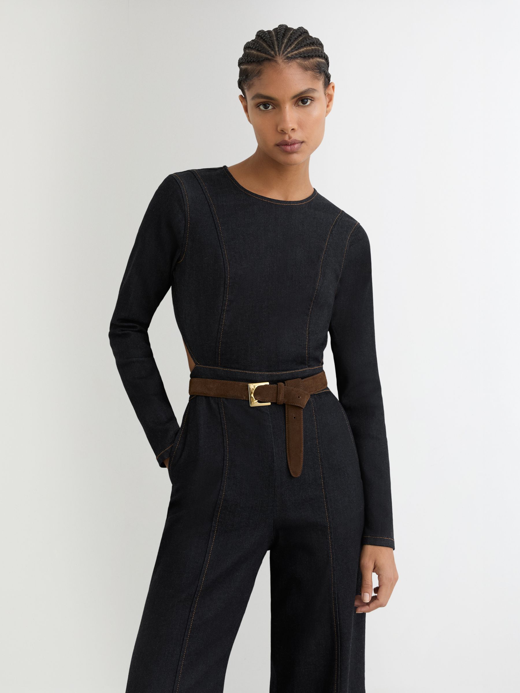 Wide-Leg Open-Back Denim Jumpsuit in Indigo Blue - image 4