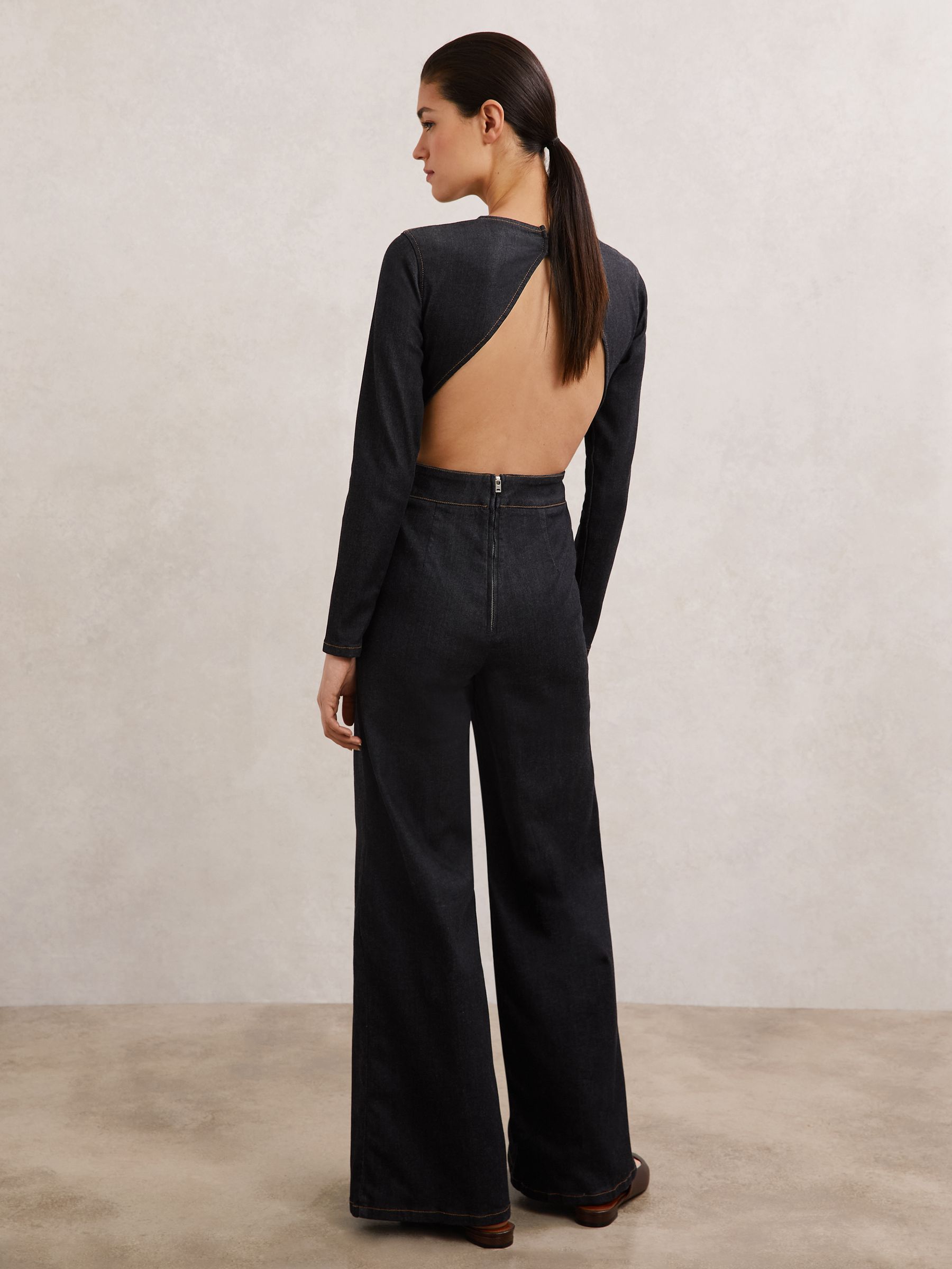 Wide-Leg Open-Back Denim Jumpsuit in Indigo Blue - Image 4 of 5