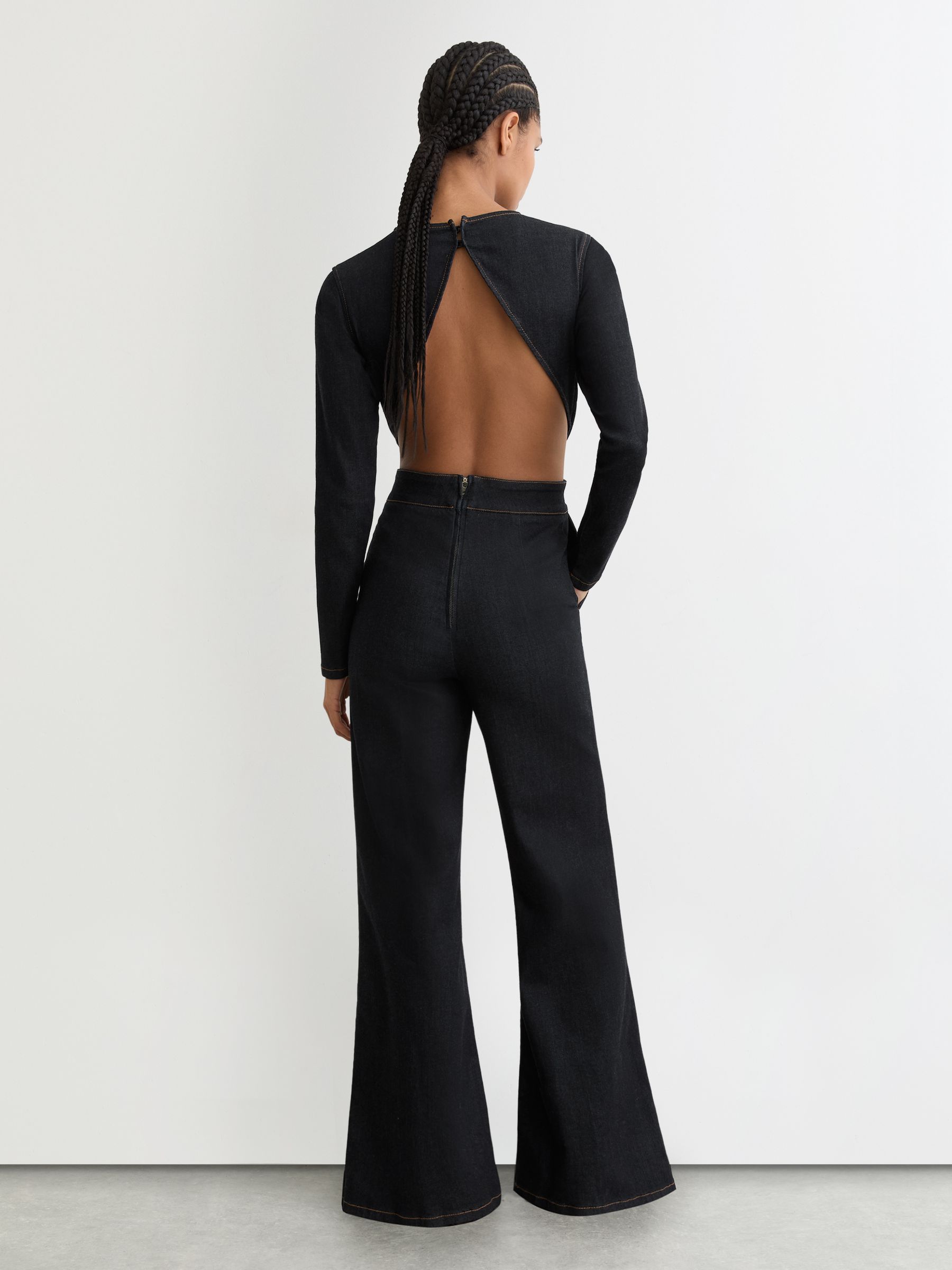 Wide-Leg Open-Back Denim Jumpsuit in Indigo Blue - image 5