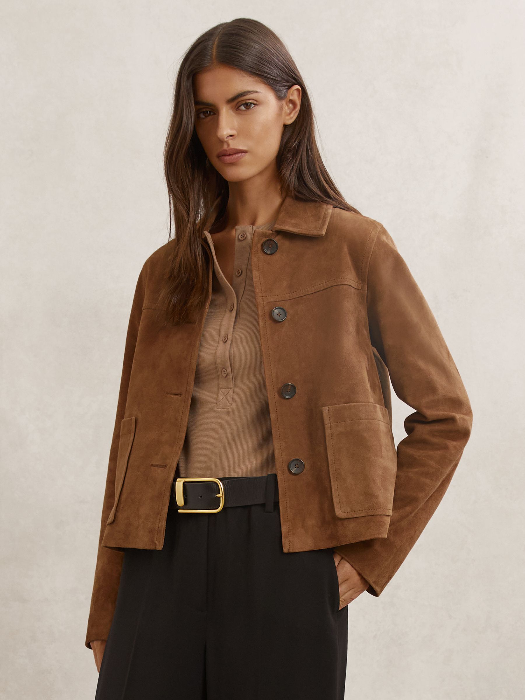 Suede Patch-Pocket Jacket in Tan - Image 1 of 6